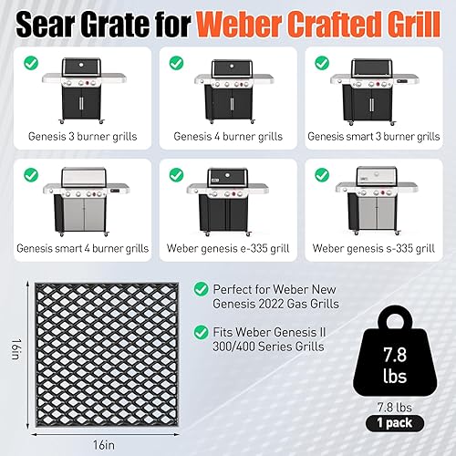 Miniatura 2 de 7670 Dual Sided Sear Grate for Weber Genesis II 300/400 Series & Genesis 2022 SX-325S E-325S EX-325S, Porcelain-Enameled Cast Iron Replacement Grate