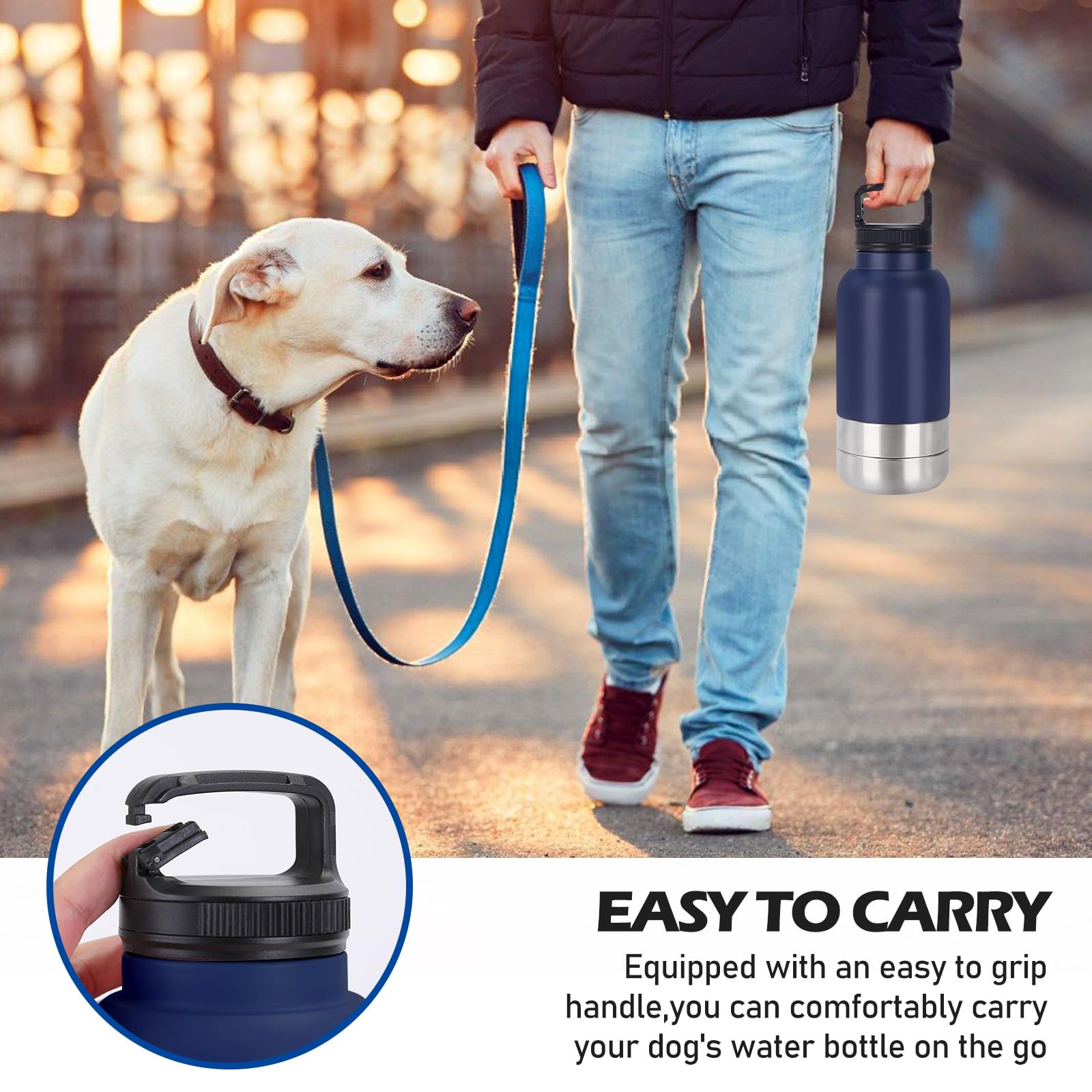 Borraccia per cani da viaggio, 1000 ml, per cani, in viaggio, per cani, in acciaio inox, con ciotola per l'acqua e ciotola, accessorio per cani per passeggiate, senza BPA