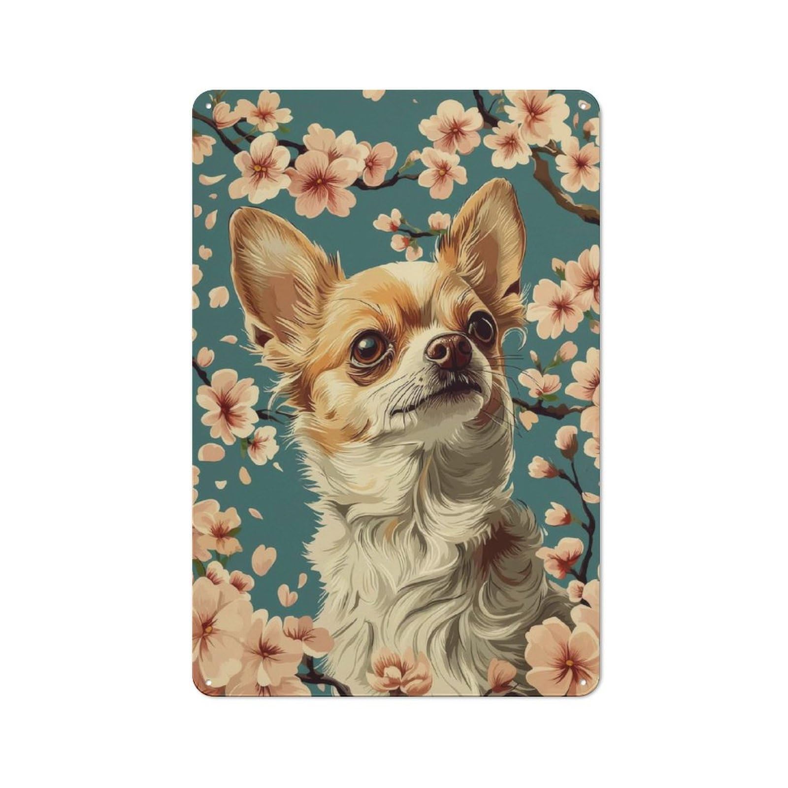 Junmoney Chihuahua With Cherry Blossoms Floral Dog Pr Int Retro-Style Tin Wall Plaque 30X20cm For Café Or Home Bar, New Home Wall Decor For Home Bar Enthusiasts