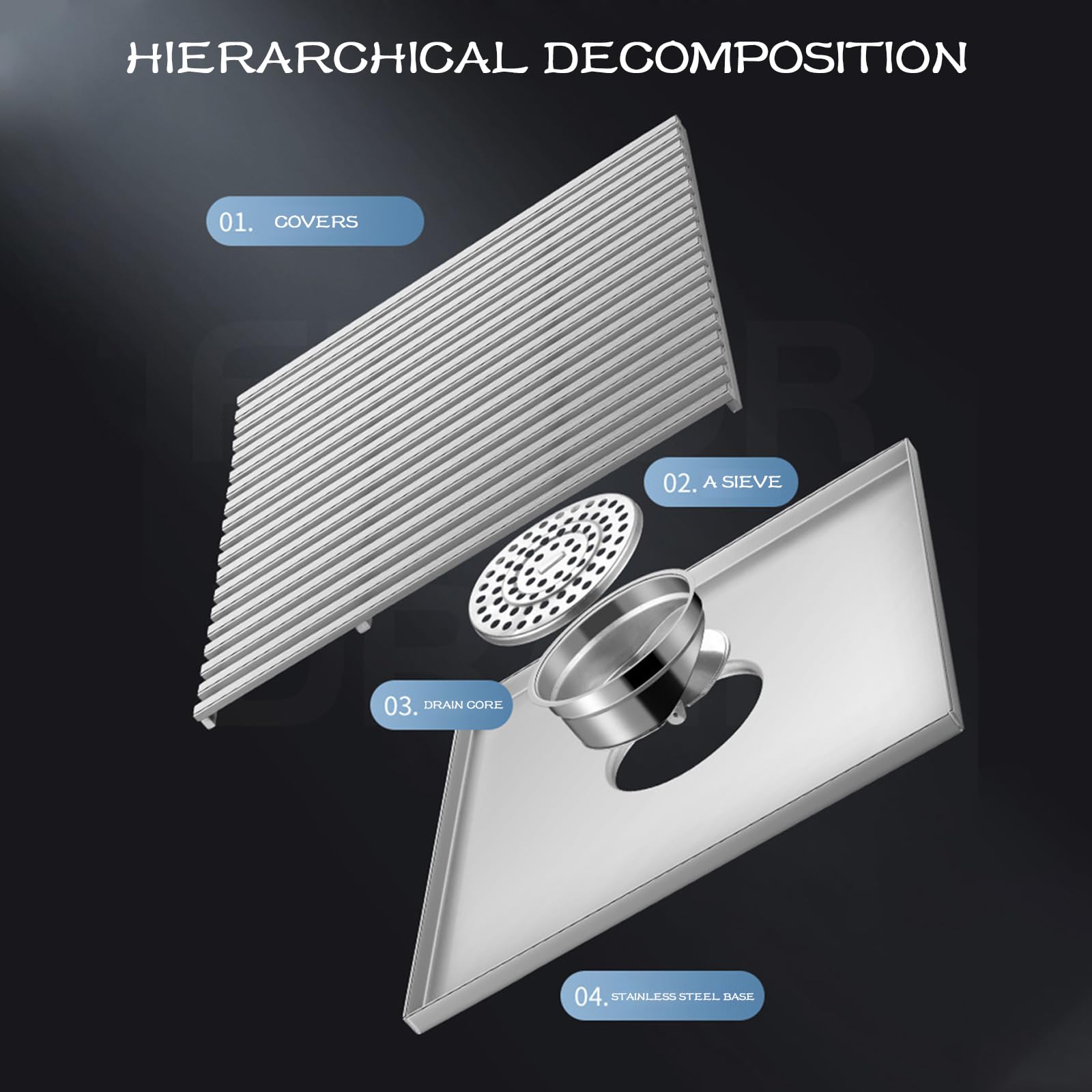 BIJOOT Desagüe De Suelo De Acero Inoxidable 304 - con Tapa De Filtro Extraíble, Antiobstrucción Accesorio De Baño Plata Cepillada,D