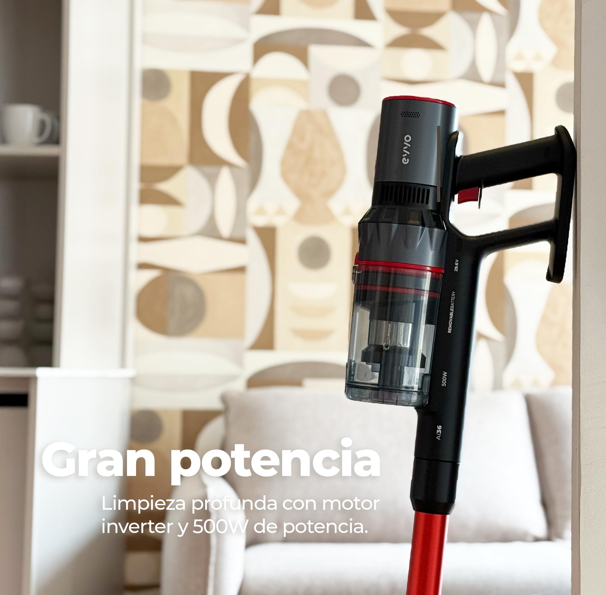 EVVO Aspiradora sin Cable, Batería de 29,5 V, Potencia de succión de 150 AW, hasta 70 Minutos de Autonomía, Múltiples Accesorios, Cepillo multifibras con iluminación LED (Ai36)