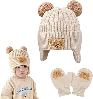 [Kingsiely] ベビー 帽子 手袋 2点セット 子供用 ニット帽 耳保護付き ニットキャップ キッズ ミトン手袋 グローブ ベビー 可愛い クマ 赤ちゃん用 男の子 女の子 通園 通学 お出かけ 厚手 防寒 暖かい 柔らかい 春 秋 冬 プレゼント
