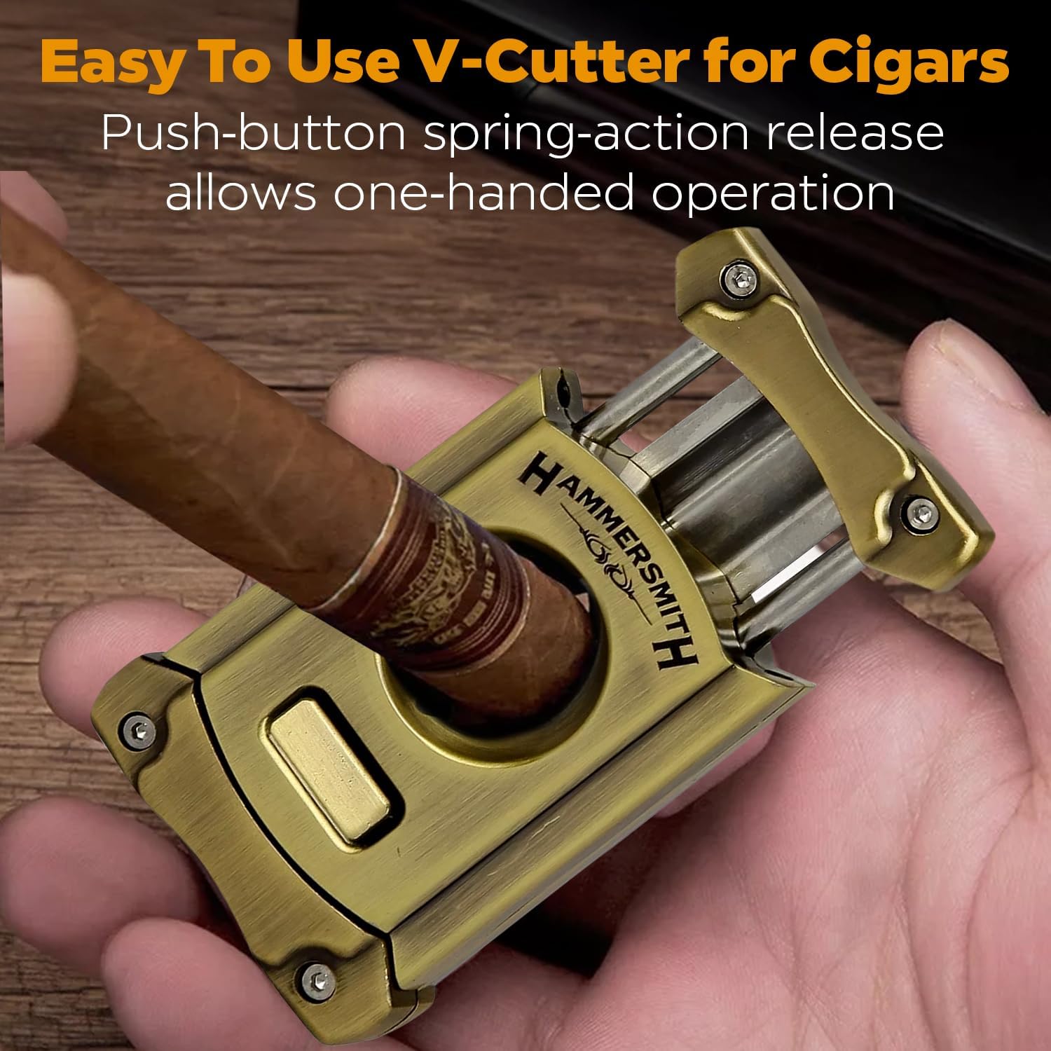Hammersmith Beast V-Cut Cigar Cutter with Built-in Pull-Out 8mm Punch Cutter, Stainless Steel Blade, Easy Push-Button Spring-Action Release, Perfect Cigar Accessories for Men - Gold Finish