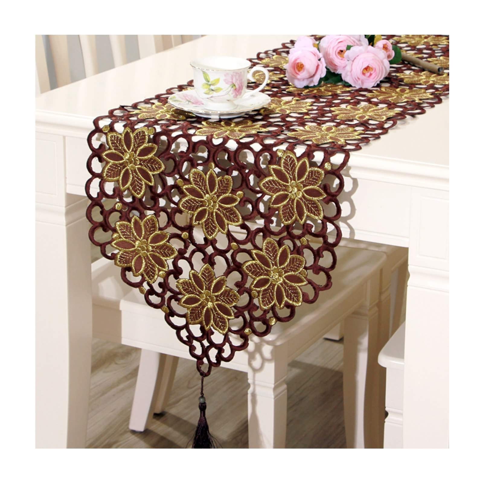 Tischläufer Polyester Wohnzimmer, Tischläufer Hochzeit 40x176 cm, Hohle Blumen Bestickt