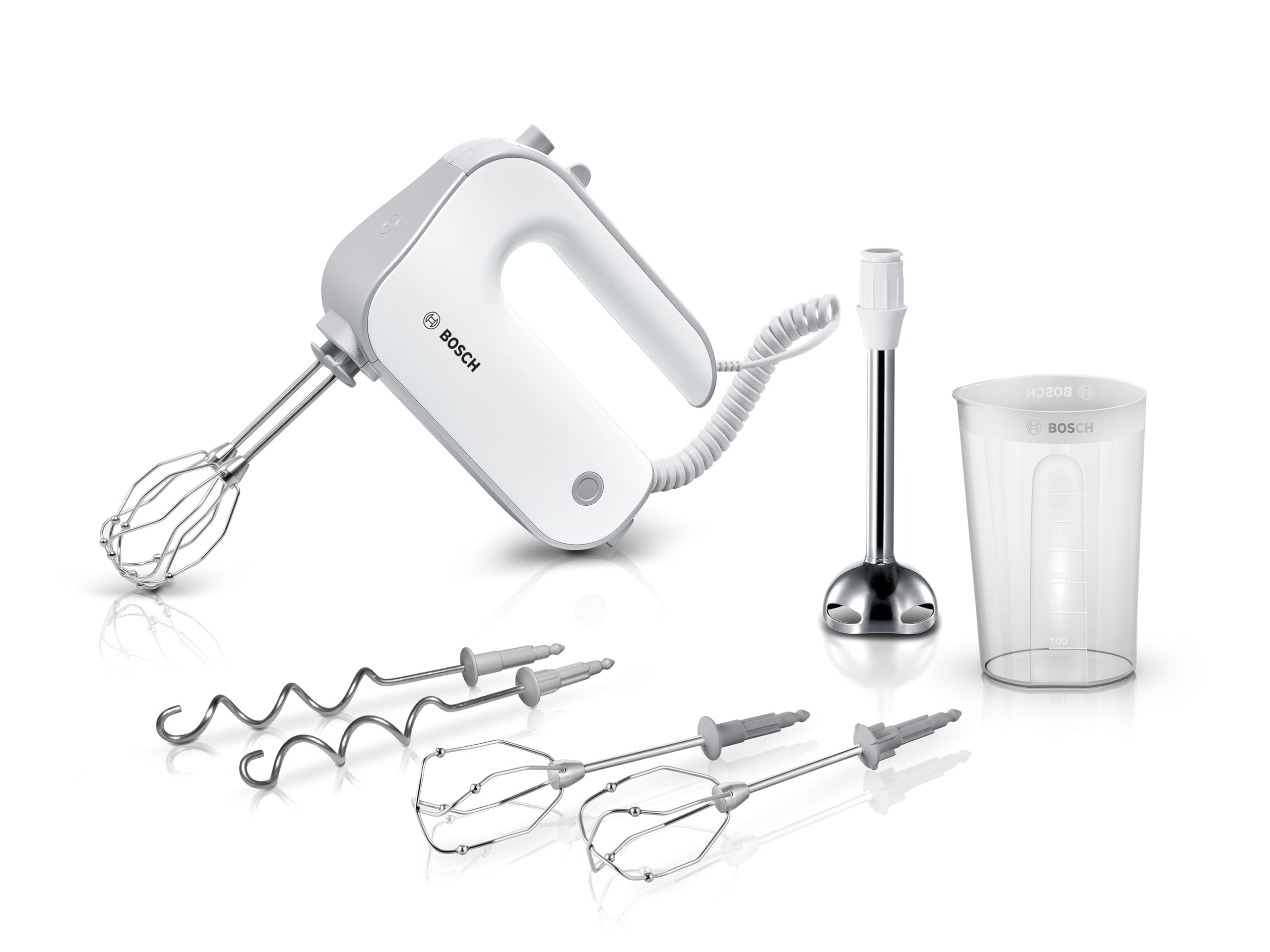Bosch Handrührer Styline MFQ4075DE, 2 Rührbesen, 2 Edelstahl-Knethaken, spülmaschinengeeignet, Pürierstab, Mixbecher, 5 Stufen plus Turbostufe, 550 W, weiß/silber