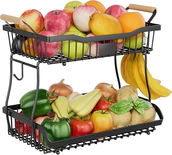 Simple Trending Fruit Bowl Basket with Banana Hanger for Kitchen, Black