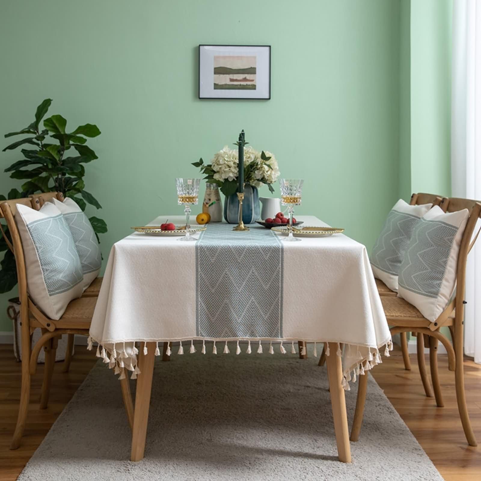 Manteles de Mesa de Rectángulo Empalme de Rayas Onduladas con Borlas Manteles de Mesa Cocina Poliéster Blanco,140x240CM