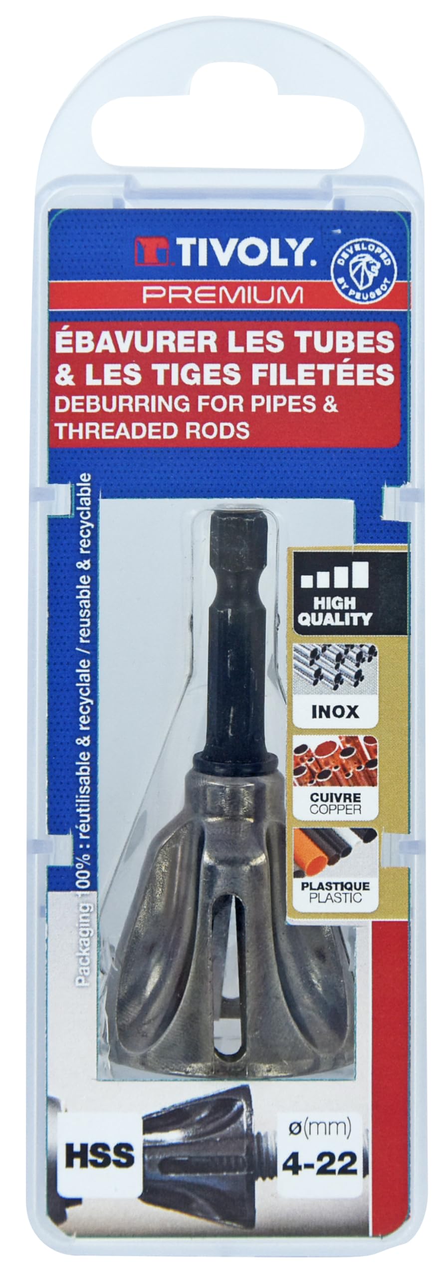 Tivoly • Fraise à Ébavurer HSS PREMIUM • Tubes & Tiges Filetées • Multiple Matériaux (Inox, Cuivre, Pastique) • Ø4-22mm • Queue Hexagonale Quick Change Ø6,35mm