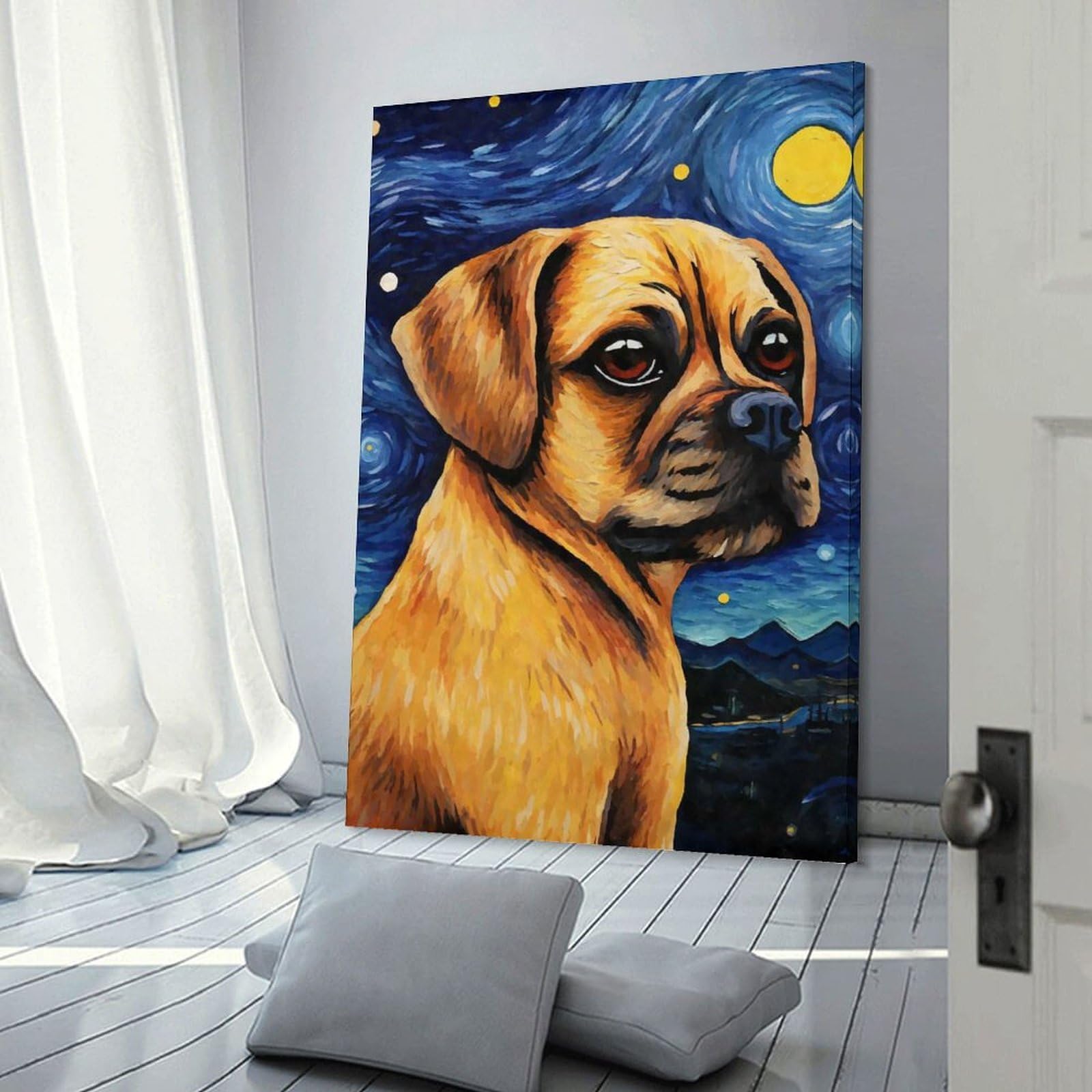 Junmoney Frame-Style-2 Puggle Dog Starry Night Decorative Wall Artwork 16X24inch(40X60cm), For Corridors, Hallways Or Apartment Entries, Home Artwork For First Impressions