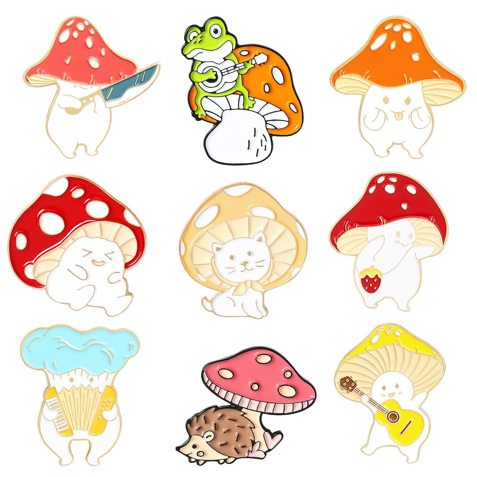 KASTWAVECute Enamel Brooch, Pins Sets Cartoon Mushroom Brooches, Cat Frog Hedgehog Animal Plant Brooch, Pin for Backpack Clothes DIY Party Decoration