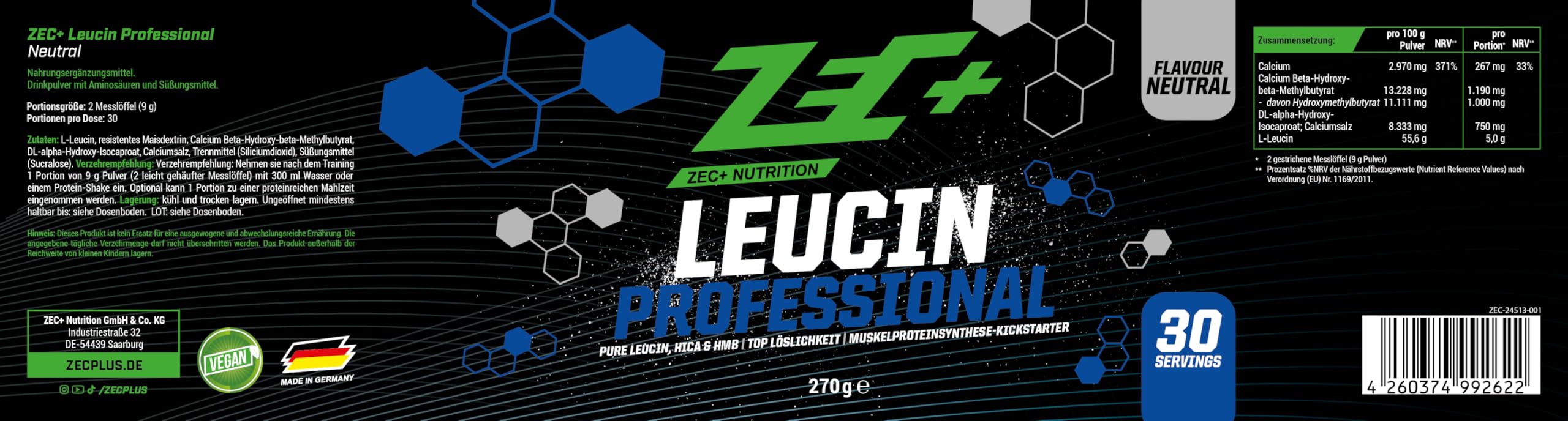 Zec+ Nutrition LEUCIN Professional – 270 g, Geschmack Neutral