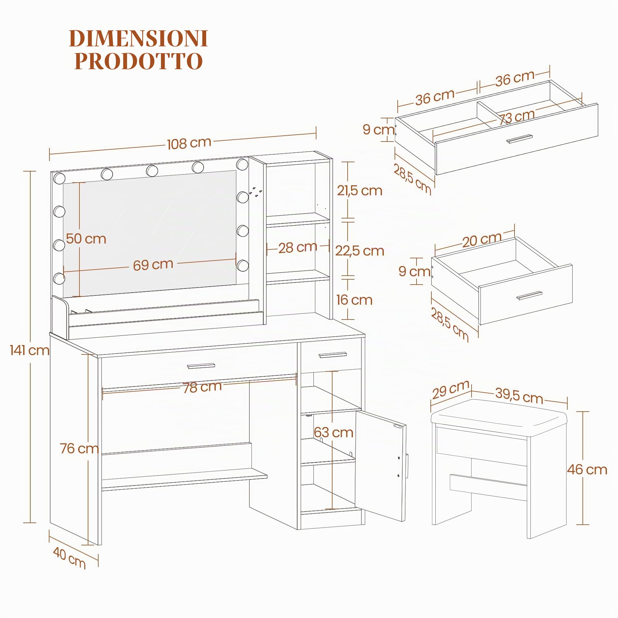 HEXCELEN Toeletta con Sgabello, 40 x 108 x 141 cm, Bianco