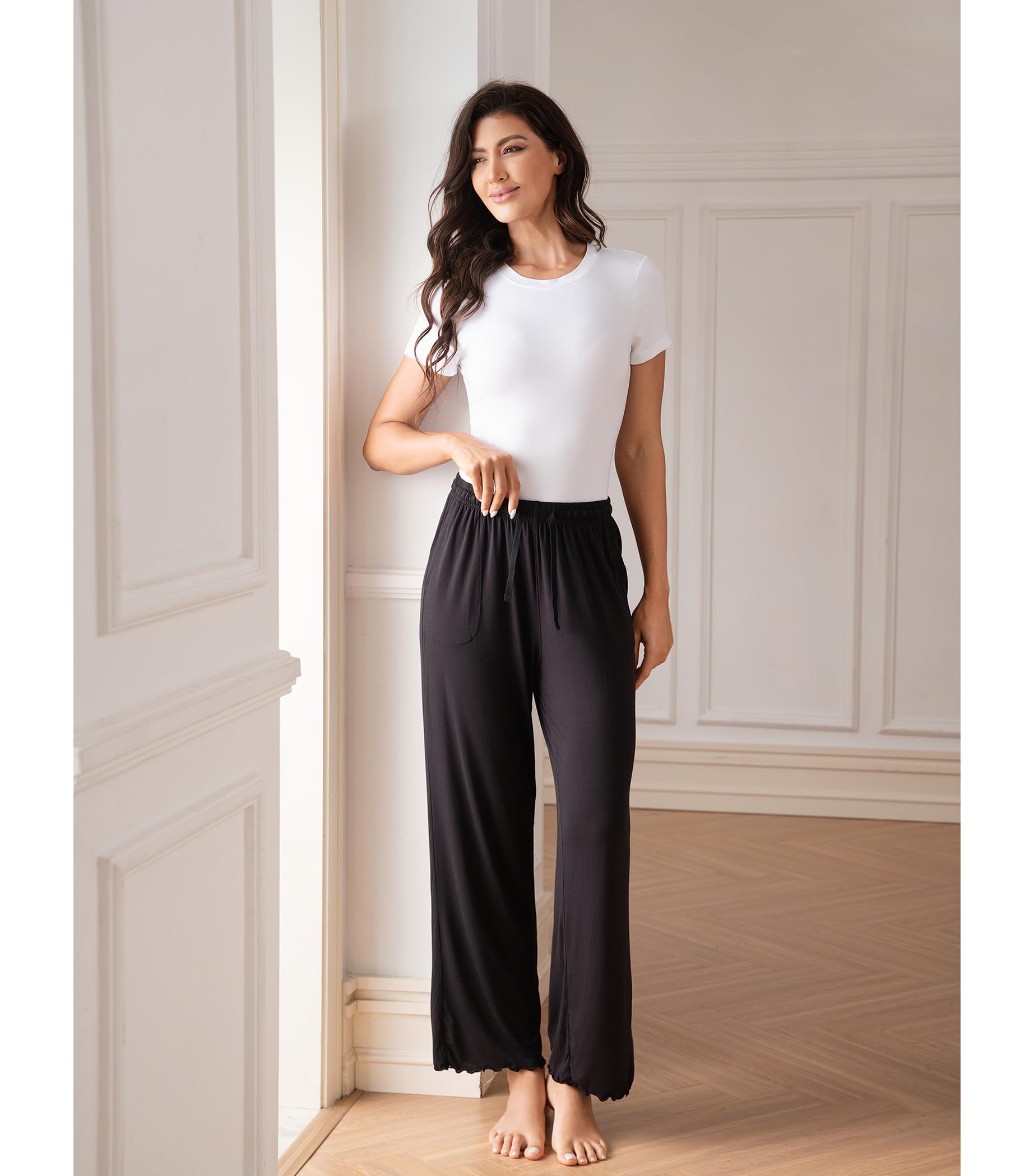 DAVID ARCHY Pantalones de pijama para mujer, de rayón de bambú, cómodos, con cordón, pantalones de descanso de pierna ancha con bolsillos, Negro y azul marino., M