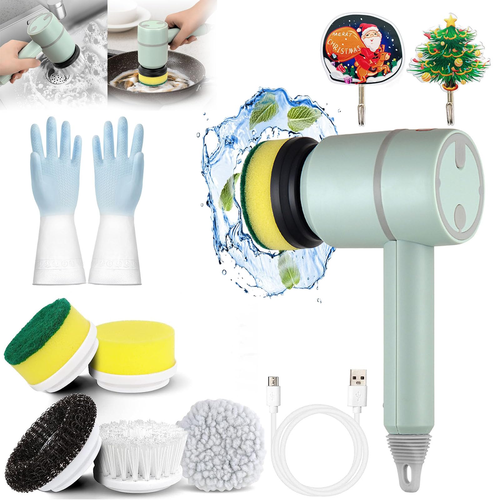 Dish Buddy, Dish Buddy Electric, Dish Buddy Electric Spin Scrubber, 360° Rotating Multifunctional Cordless Electric Cleaning Brush, with 3 Replaceable Brush Heads, for Kitchen Bathroom (Green)