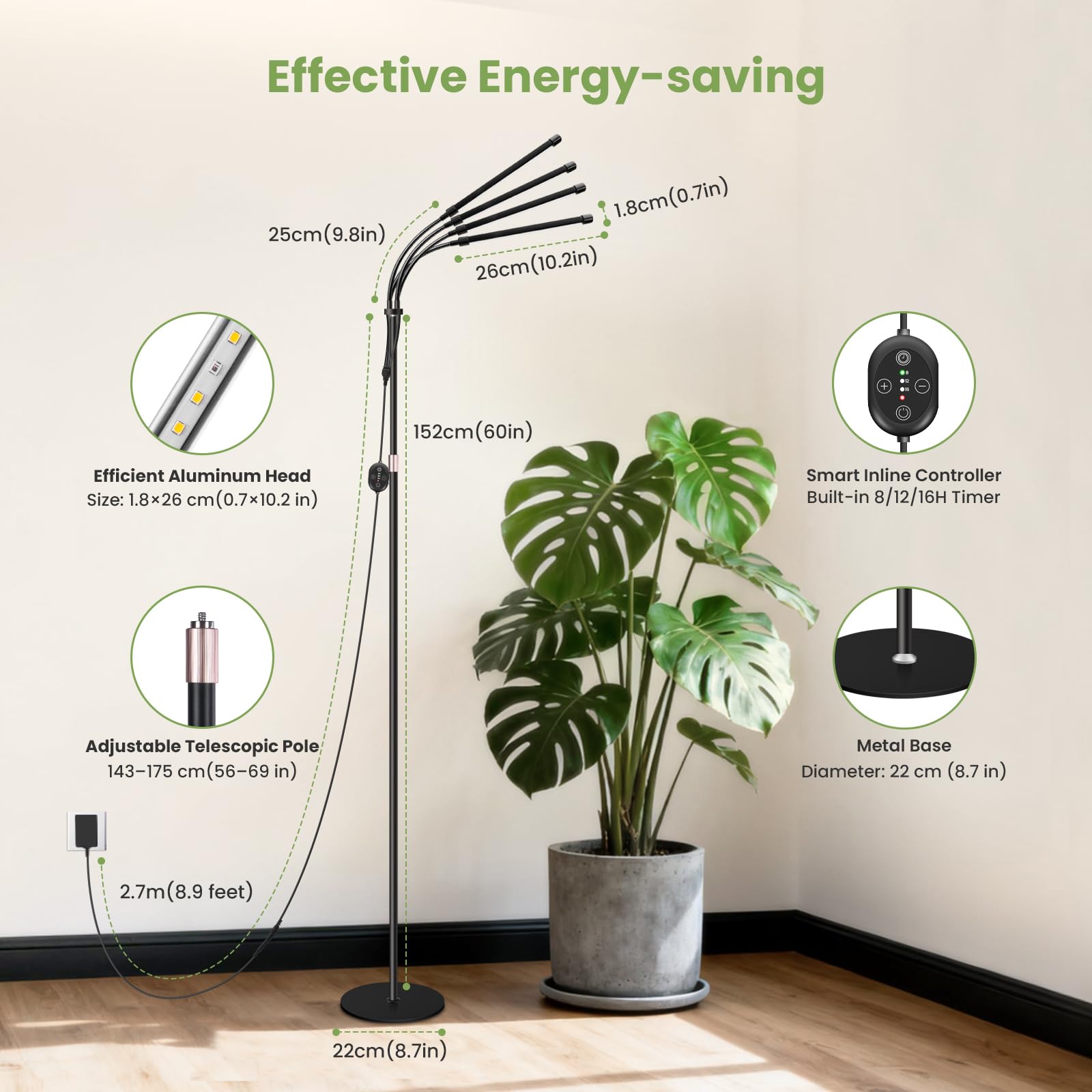 Lampa do Uprawy Roślin Wewnętrznych, Lampa Podłogowa, Pełne Spektrum Wzbogacone 660nm, Lampa Roślinna 12V z Timerem 8/12/16H, Smart Plug Ready, Ściemnialna, Auto Resume, 20W, M20