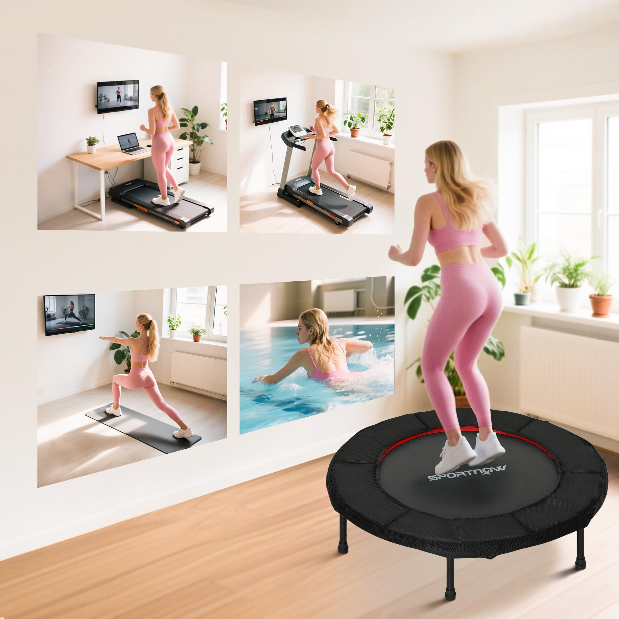 SPORTNOW Trampolino Fitness Ø102 cm Trampolino Elastico Pieghevole con Telaio in Acciaio Antiscivolo Carico 100 kg per Allenamento Gambe Corpo a Casa Ufficio Palestra
