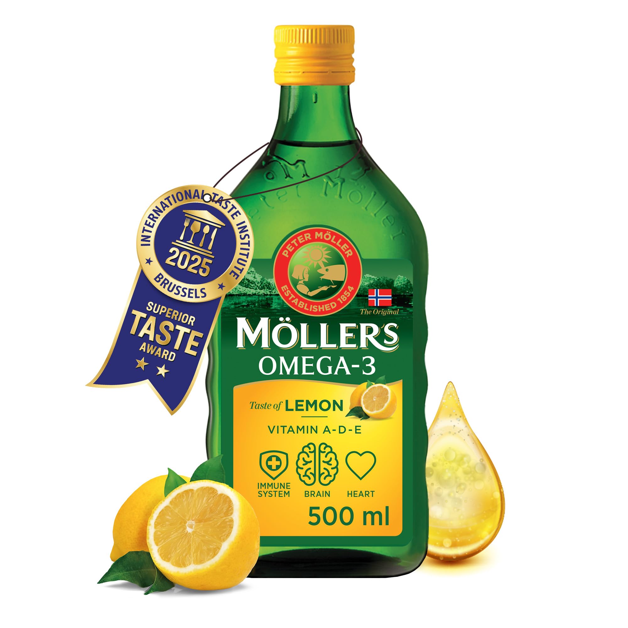 Moller’s ® | Omega 3 Cod Liver Oil | Nordic Omega 3 Dietary Supplement with EPA, DHA, Vitamin A, D, E | Superior Taste Award | High Purity Natural Cod Liver Oil | 165 Year Old Brand | Lemon | 500 ml