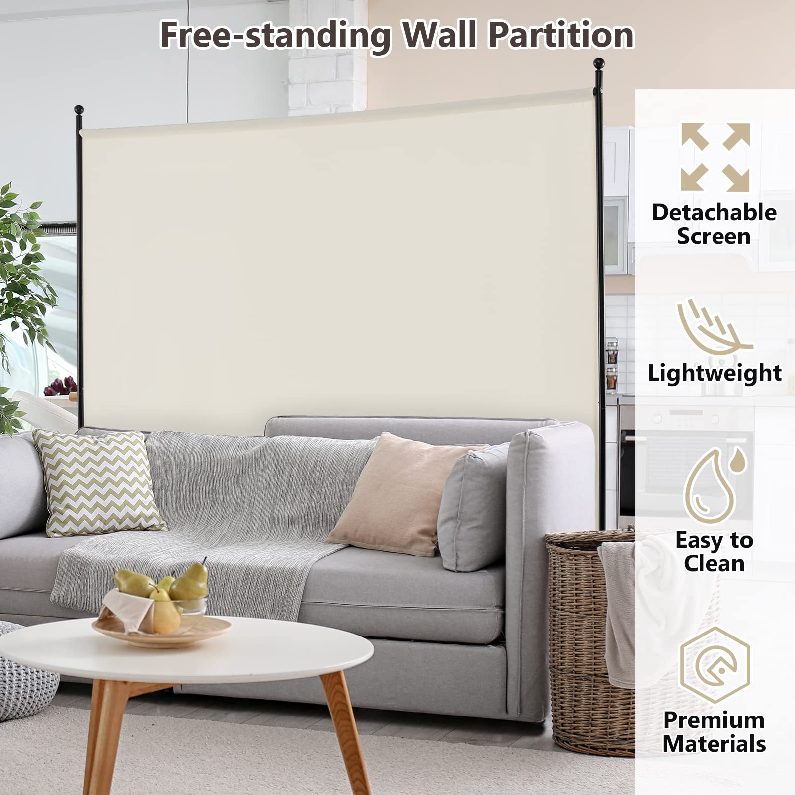 GOPLUS Biombo Separador de Ambientes de1 Panel con Ruedas Bloqueables, Biombo Plegable de Tela con Marco de Metal para Privacidad, Divisor para Salón Dormitorio (Blanco, 1 Panel, 184x184 cm)