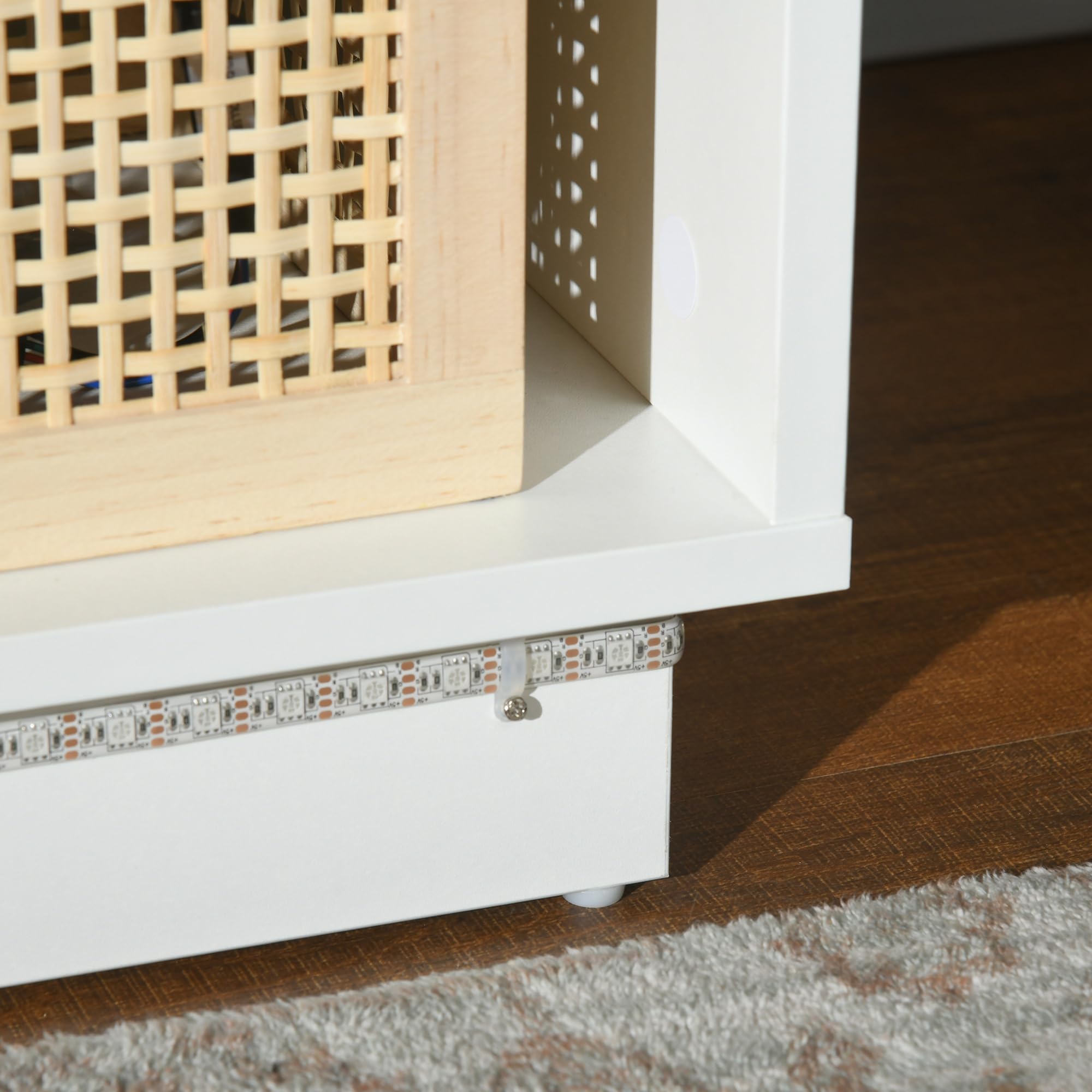 HOMCOM Mesita de Noche Moderna con Luz LED Mesilla de Noche con Mando a Distancia Cajón de Alto Brillo y 2 Estantes para Salón Dormitorio 40x40x55 cm Blanco