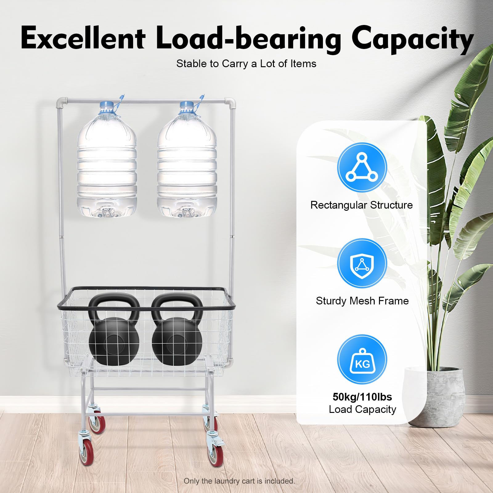 BQDRTMZ Wire Laundry Cart 27''x22''x67'' Wire Laundry Basket 110lbs Capacity Commercial Metal Laundry Basket with Hanging Rack & 4 Wheels Clothes Storage Cart for Home