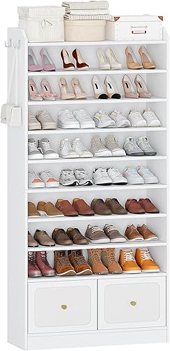 Miniatura 9 de Armario de almacenamiento de zapatos, armario de zapatos de 10 niveles con 2 cajones de tela, organizador de zapatos independiente de madera con 2