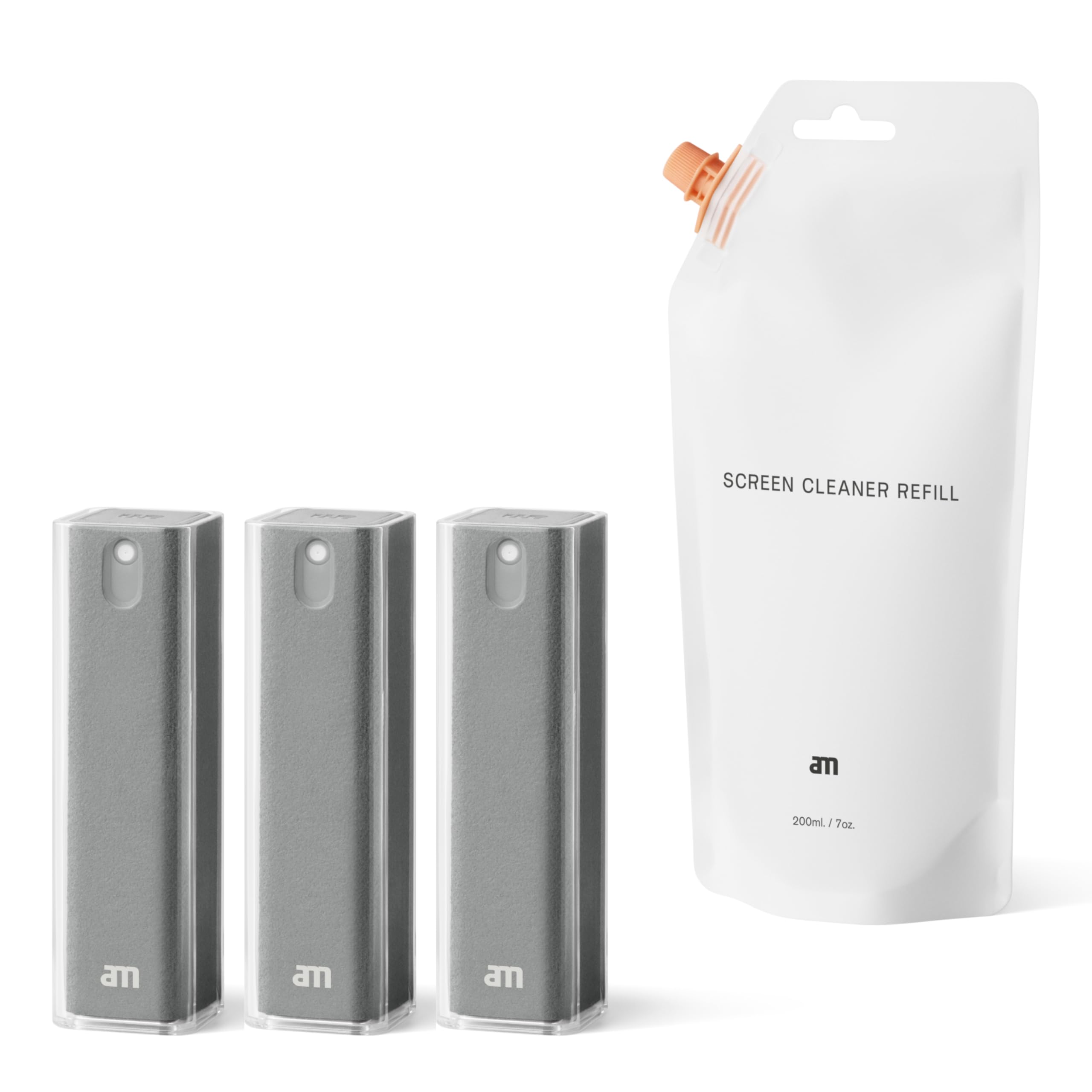 am Zestaw do czyszczenia ekranów – zestaw 2 i 3 szt. + refill 200 ml – screen cleaner do smartfona, tabletu, laptopa i auta – spray z mikrofibrą (szary, 3 szt.)