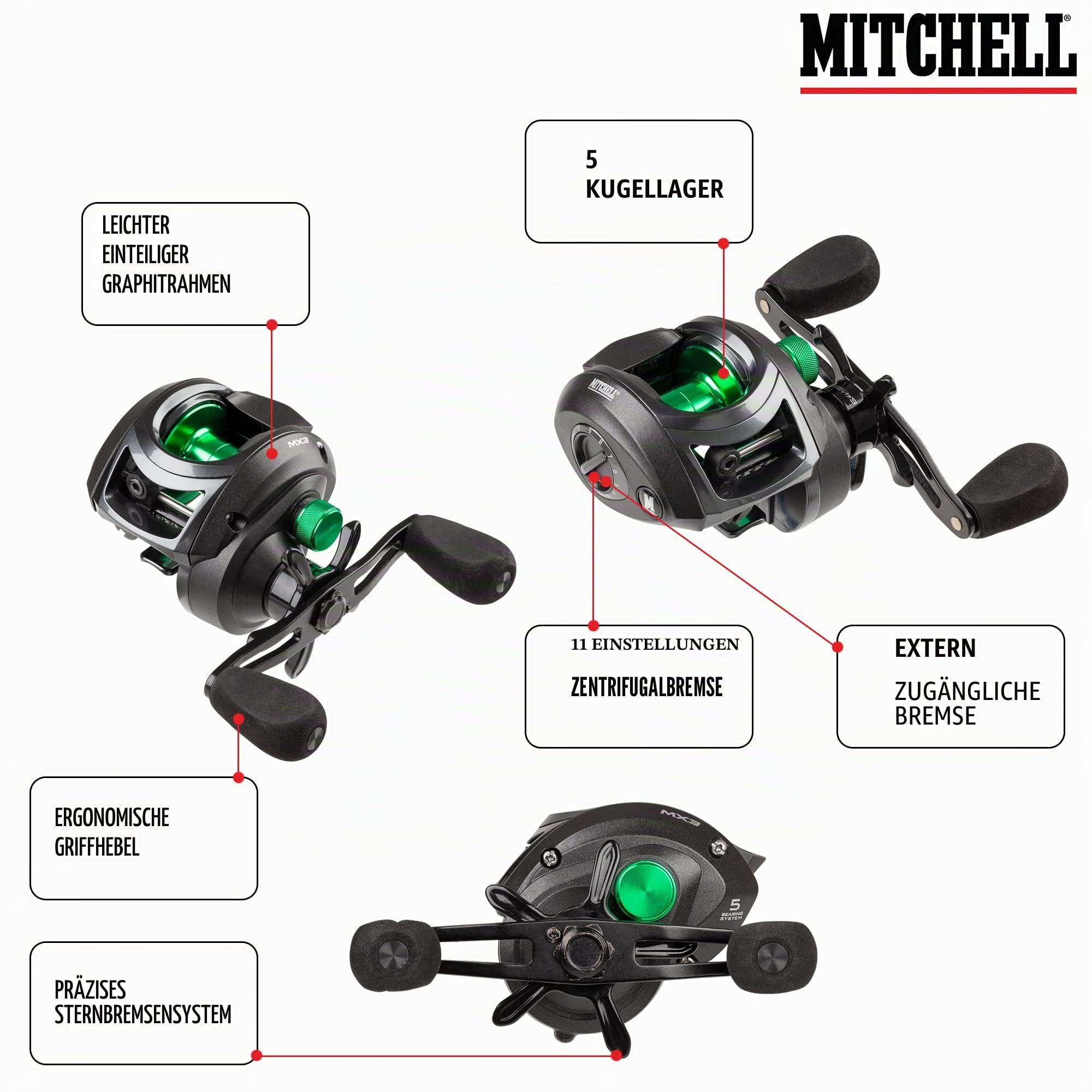 Mitchell MX3 Baitcaster-Angelrolle – Starke, super Glatte Baitcaster-Rollen mit Zentrifugal-Bremssystem und 4+1 Anti-Korrosions-Kugellager für Hecht, Barsch, Zander, schwarz/grün LP Angeln