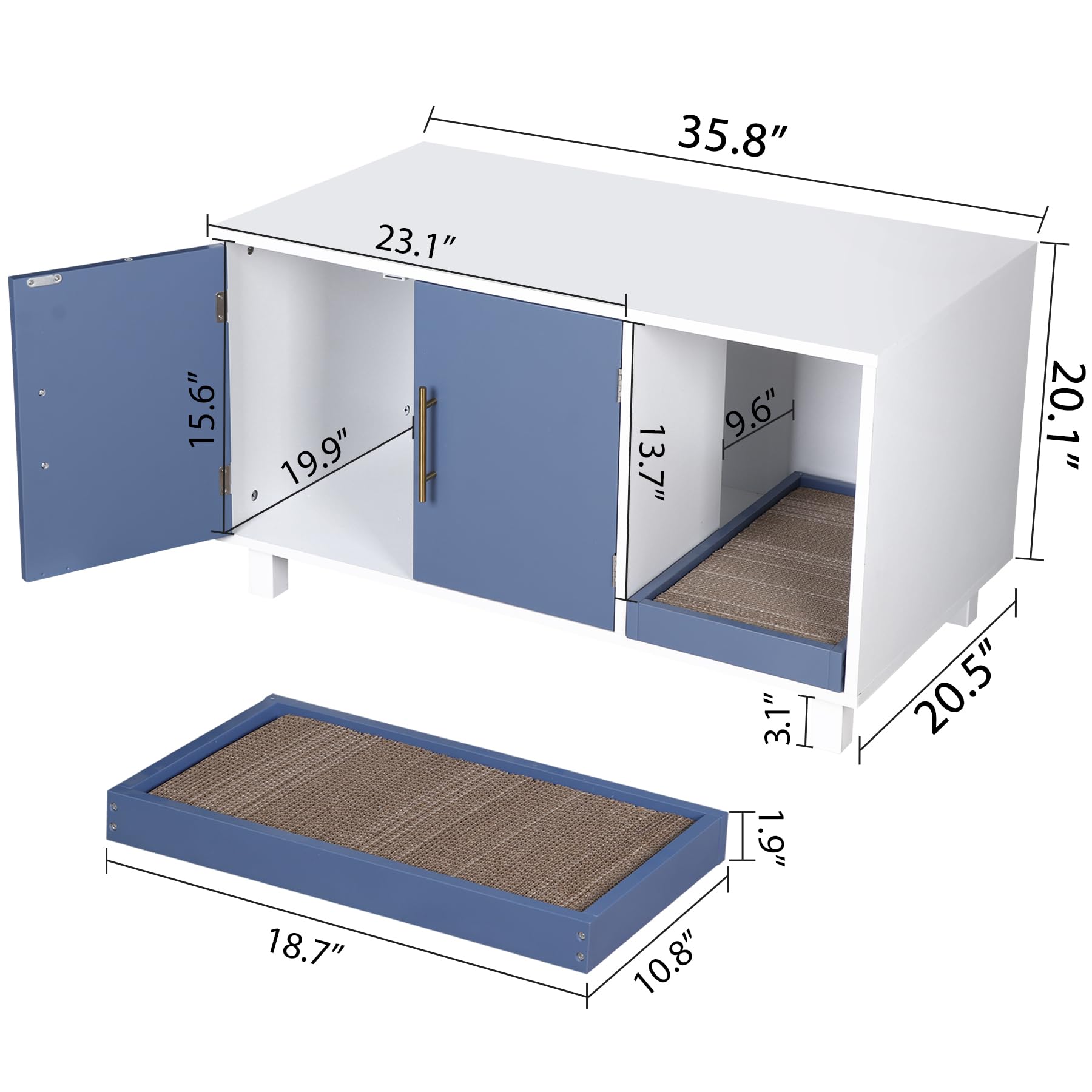 ZENY Modern Cat Litter Box & House, Wood Cat Enclosure with Scratch Pad, Side Table, Hidden Washroom Furniture, White - image 8
