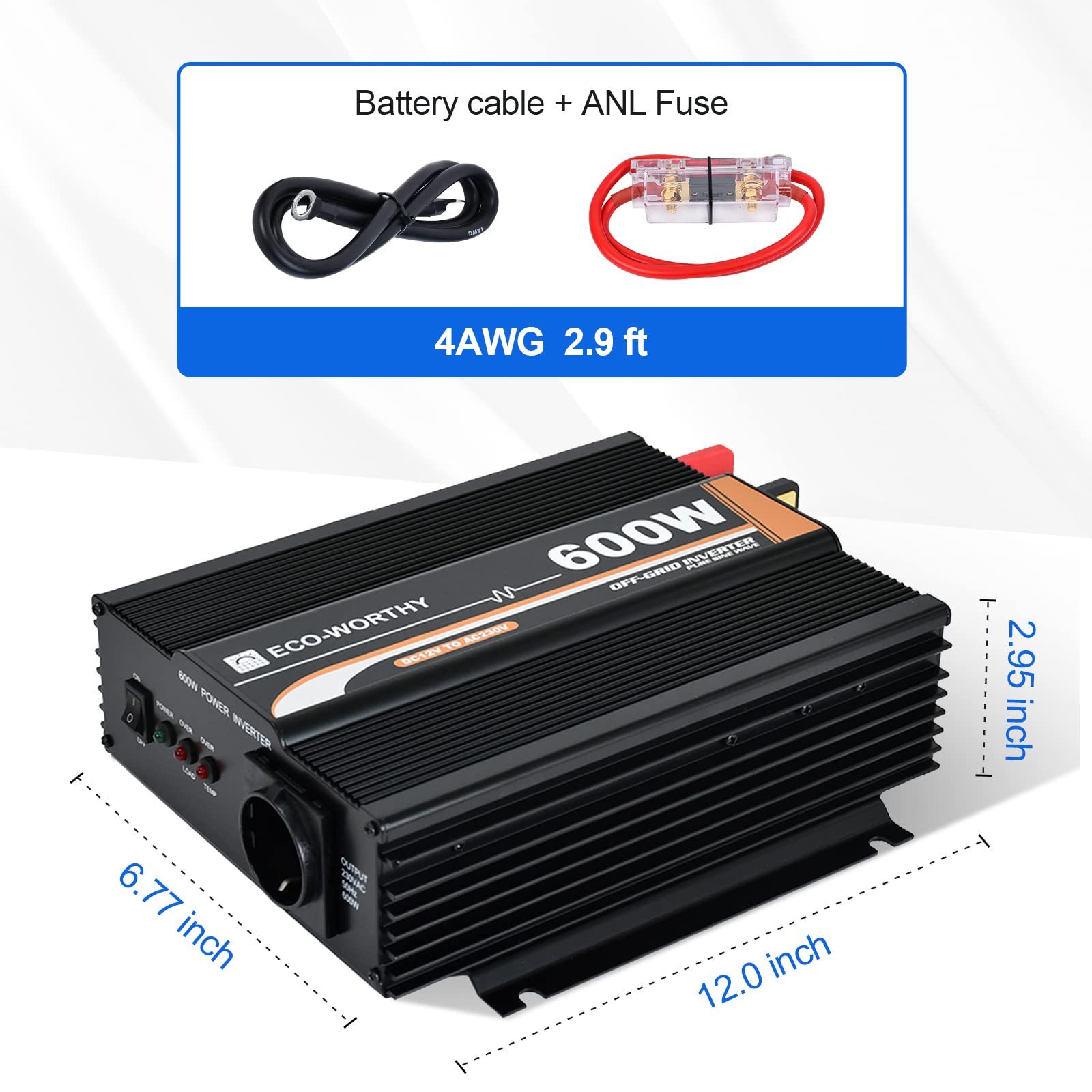 ECO-WORTHY 600W 12V off-grid inverter solare DC 12V AC 230V sinusoidale per auto camper caravan campeggio e sistemi solare casa