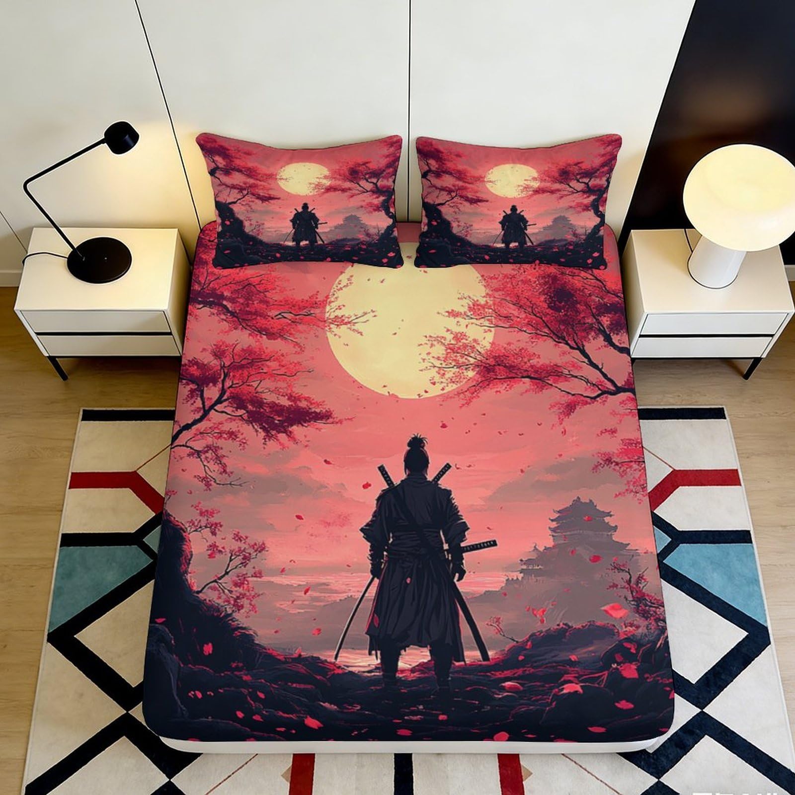 3D Printed Samurai Sunset Fitted Sheet Microfiber Soft Red Cherry Blossom Bed Cover for Bedroom Dorm Decor 90x200x25cm