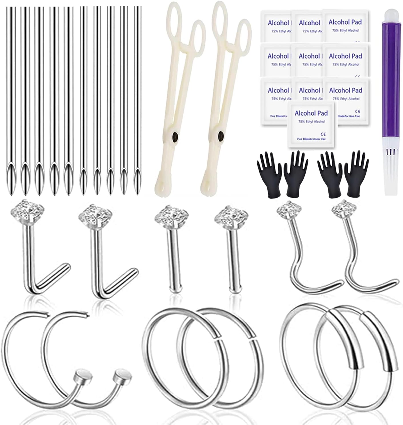 Yugui Nose Piercing Kit 20G Nose Septum Piercing Rings, Nails and 18G Piercing Needles Disposable Piercing Clamps Gloves Clean Pads Home DIY Self Body Piercing Tools Kit Supplies