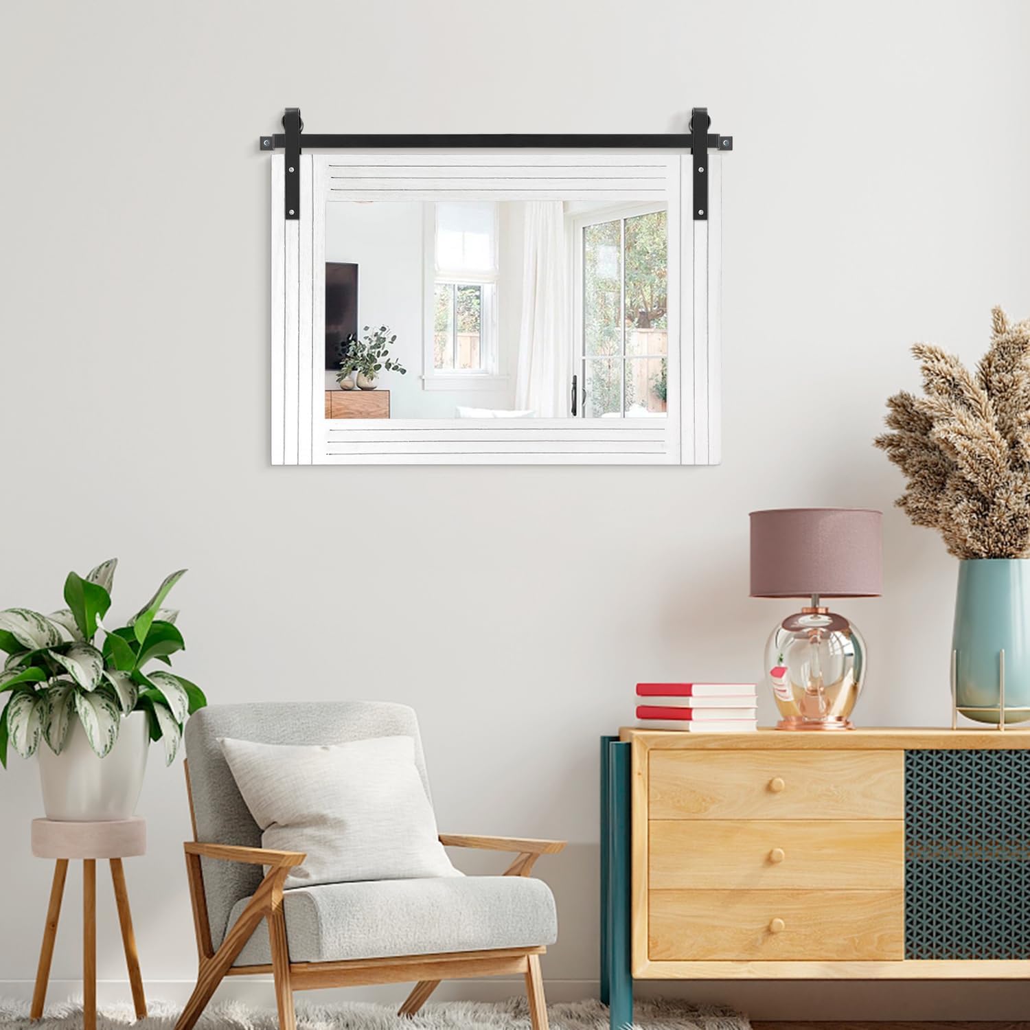 AAZZKANG Farmhouse Wall Mirror Large Rectangle Wood Framed Mirrors Decor for Bathroom Bedroom Living Room Entryway Horizontal 18"x26"