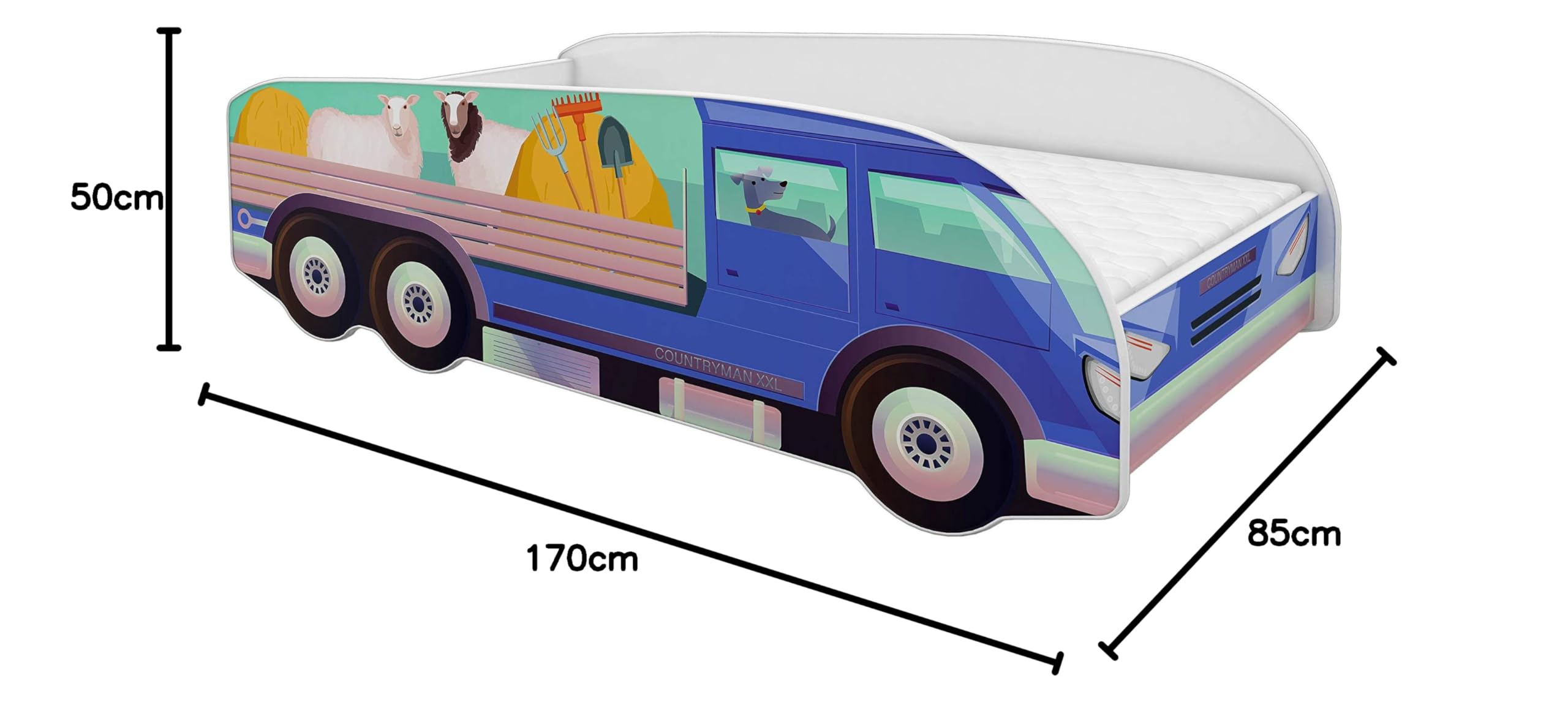 ACMA Kinderbett LKW Truck 160x80 cm Autobett Juniorbett für Kinder mit Matratze und Lattenrost, Spielbett mit Rausfallschutz, Kinderzimmer Bettmöbel, Design 05 Landwirtschaftlicher LKW