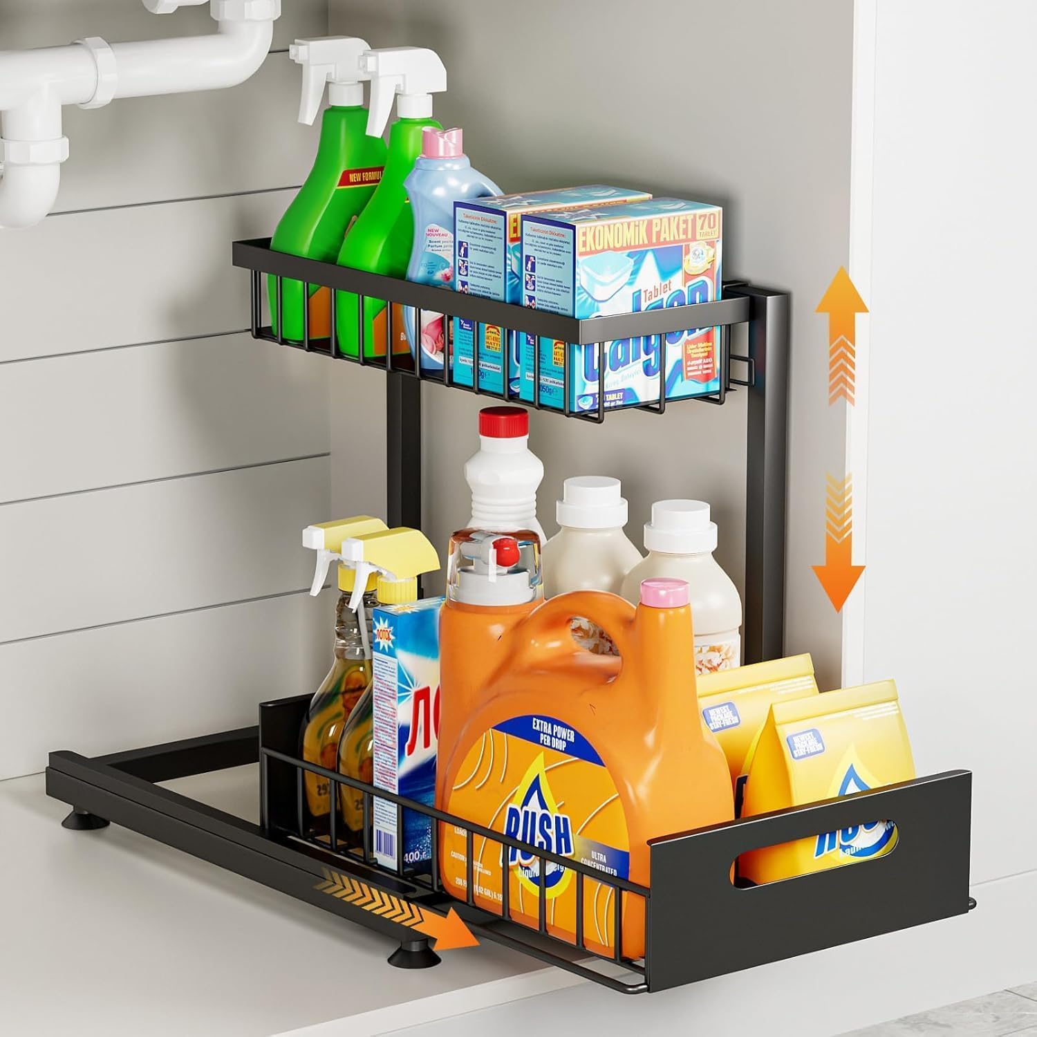 KANUPRIYA Under Sink Organizer Storage 2-Tier Premium Metal Pull-Out Kitchen Cabinet Organizer with Sliding Drawer, Height Adjustable, Heavy Duty for Kitchen & Bathroom Organizers