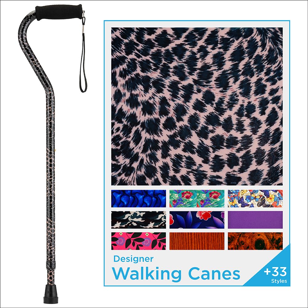 Nova Joy Designer Offset Walking Cane for Seniors - Unisex Adjustable Lightweight Aid with Foam Handle, Wrist Strap and Anti-Rattle Lock - Essential