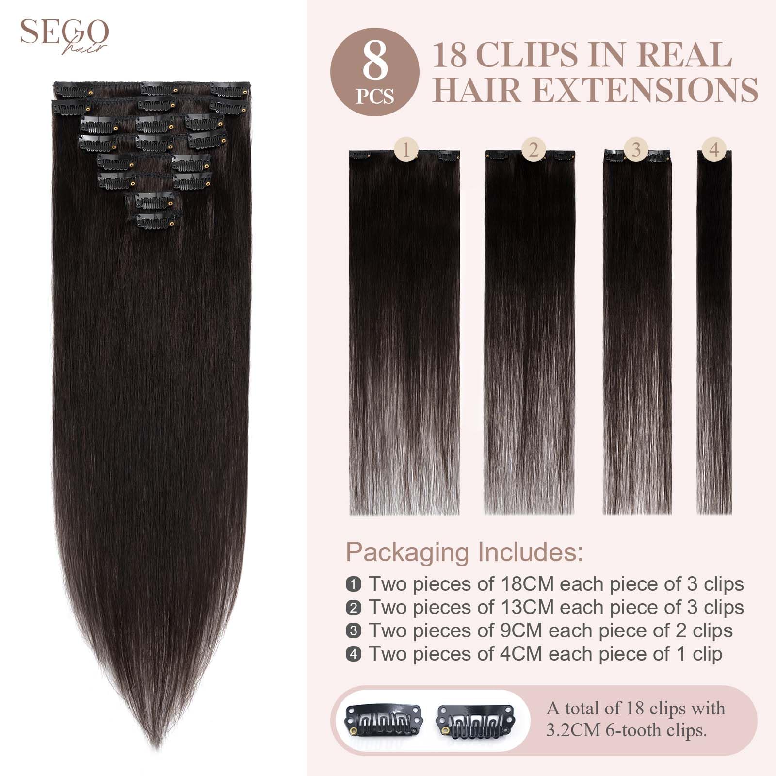 SEGOHAIR 8 PCS Clip in Real Human Hair Extensions, 14 inch Thin Full Head, Straight, Natural Black (60g) - Image 2