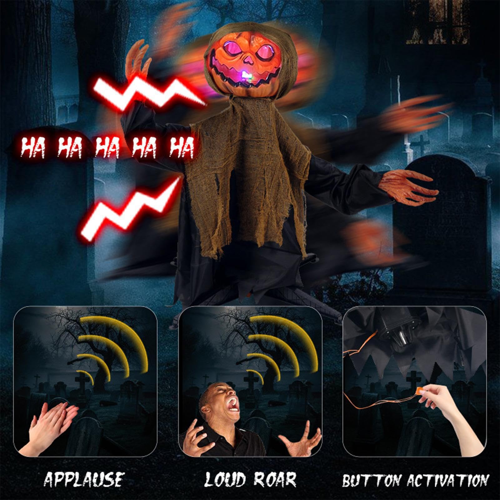 Animowane Dekoracje Halloweenowe Straszna Świecąca Figura Dyniowego Ducha | Podświetlana Kołysząca Się Upiorna Dekoracja Z Dźwiękiem Na Taras Ogród Podwórko Przedogródek