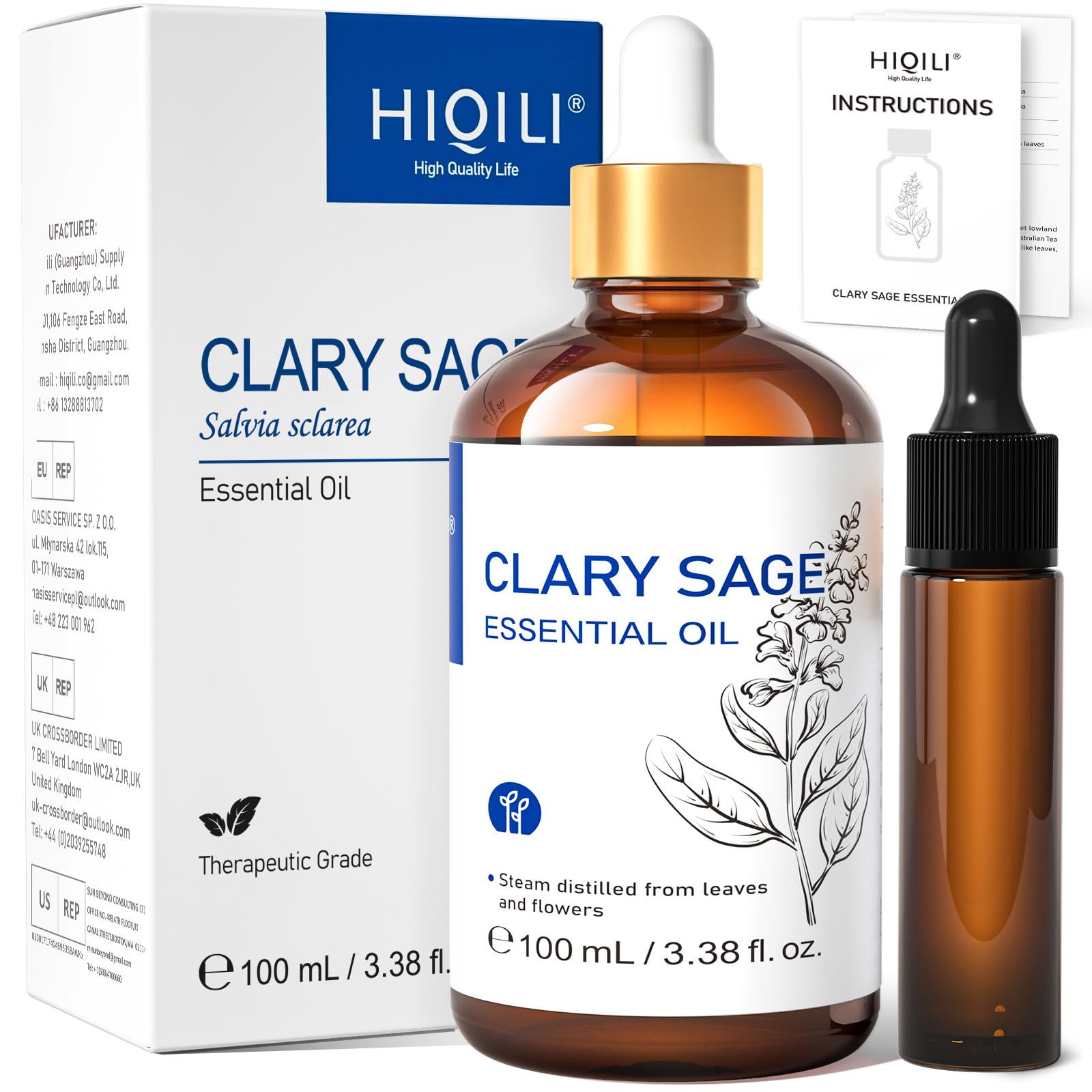 HIQILI Clary Sage Oil Essential, Herbal Sooth Aroma in Diffuse, Meditation, Calming Sleep at Bedtime, Body Massage, Moisturize Skin, DIY Deodorant Spray - 100ML