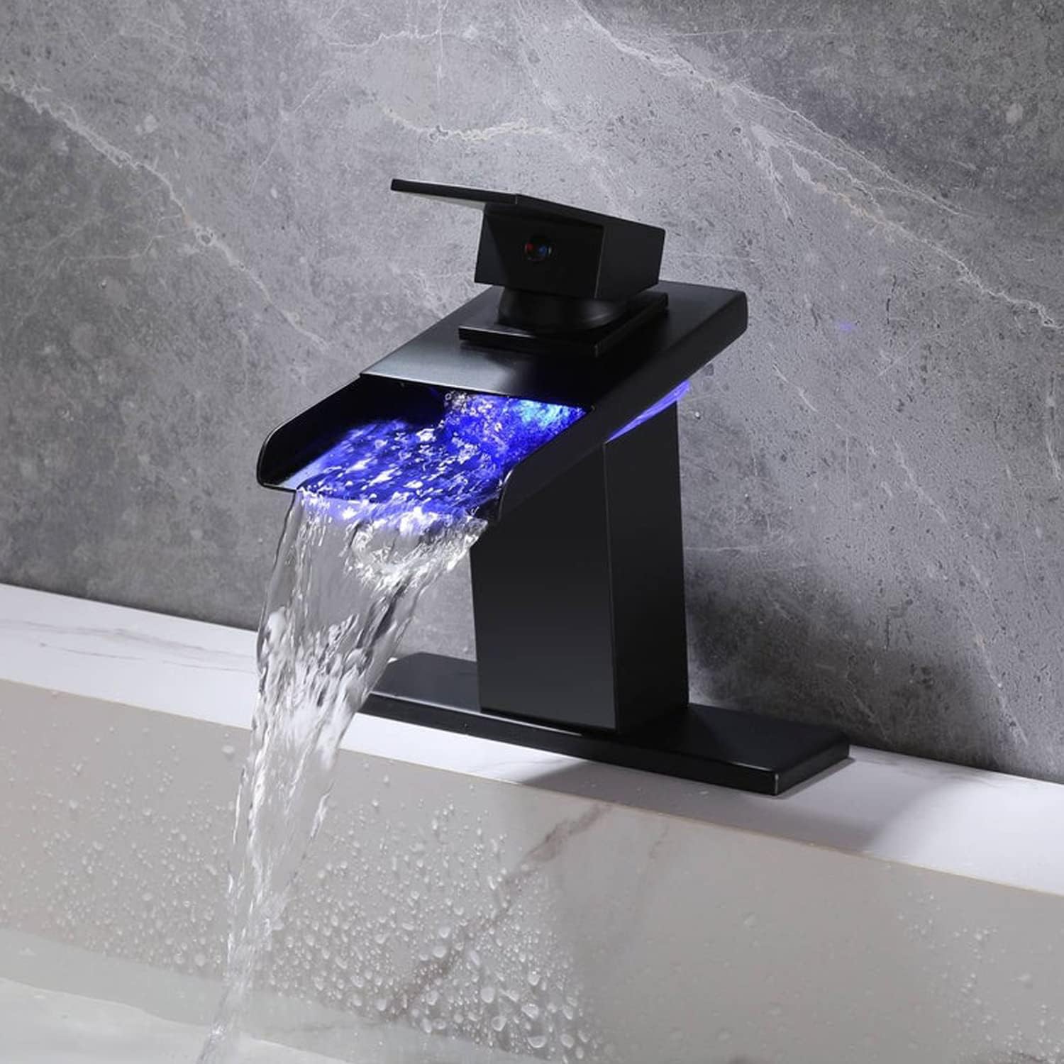 LED Bathroom Sink Faucet - Matte Black Single Hole or 4 Inch Centerset Waterfall Faucet with Stainless Steel Spout and Temperature-Sensitive LED Lights, Includes Deck Plate