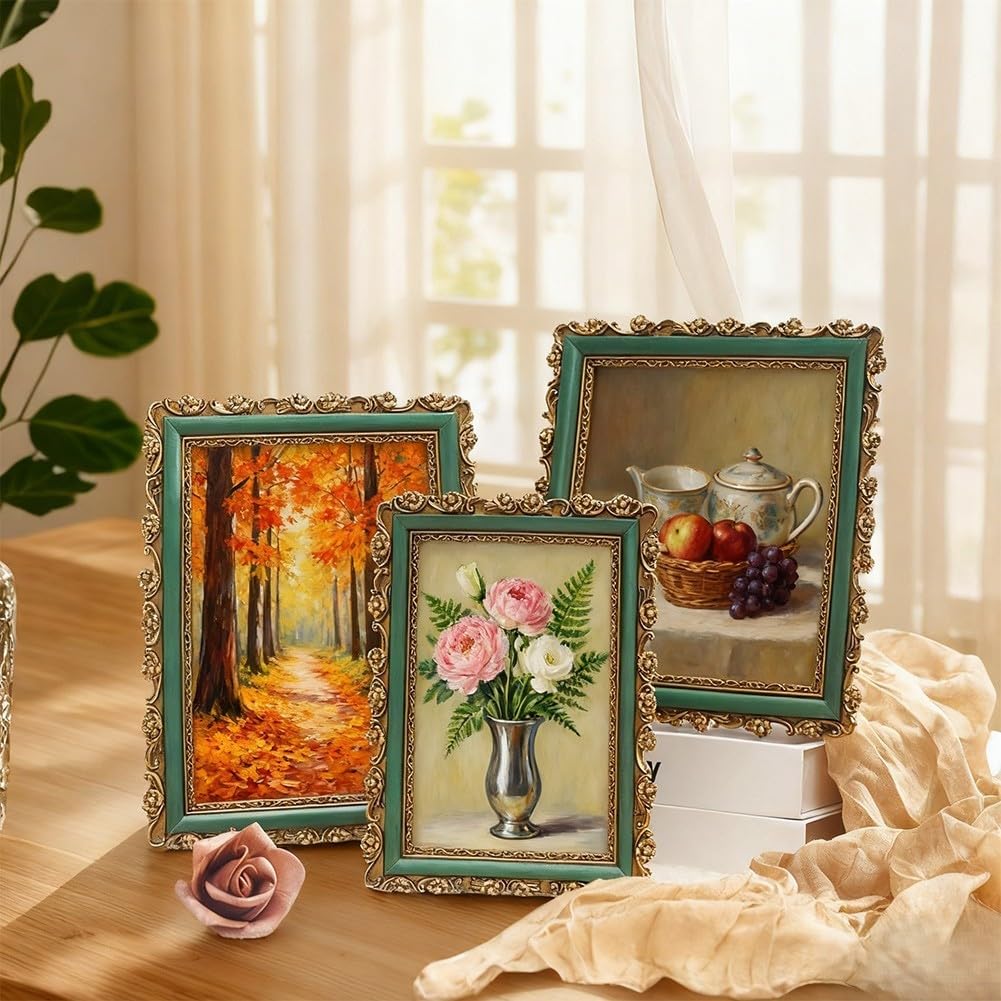 Ramka z żywicy w stylu vintage z ozdobnymi złotymi kwiatowymi detalami do wyświetlania zdjęć lub dzieł sztuki w domu lub biurze (15 cm)