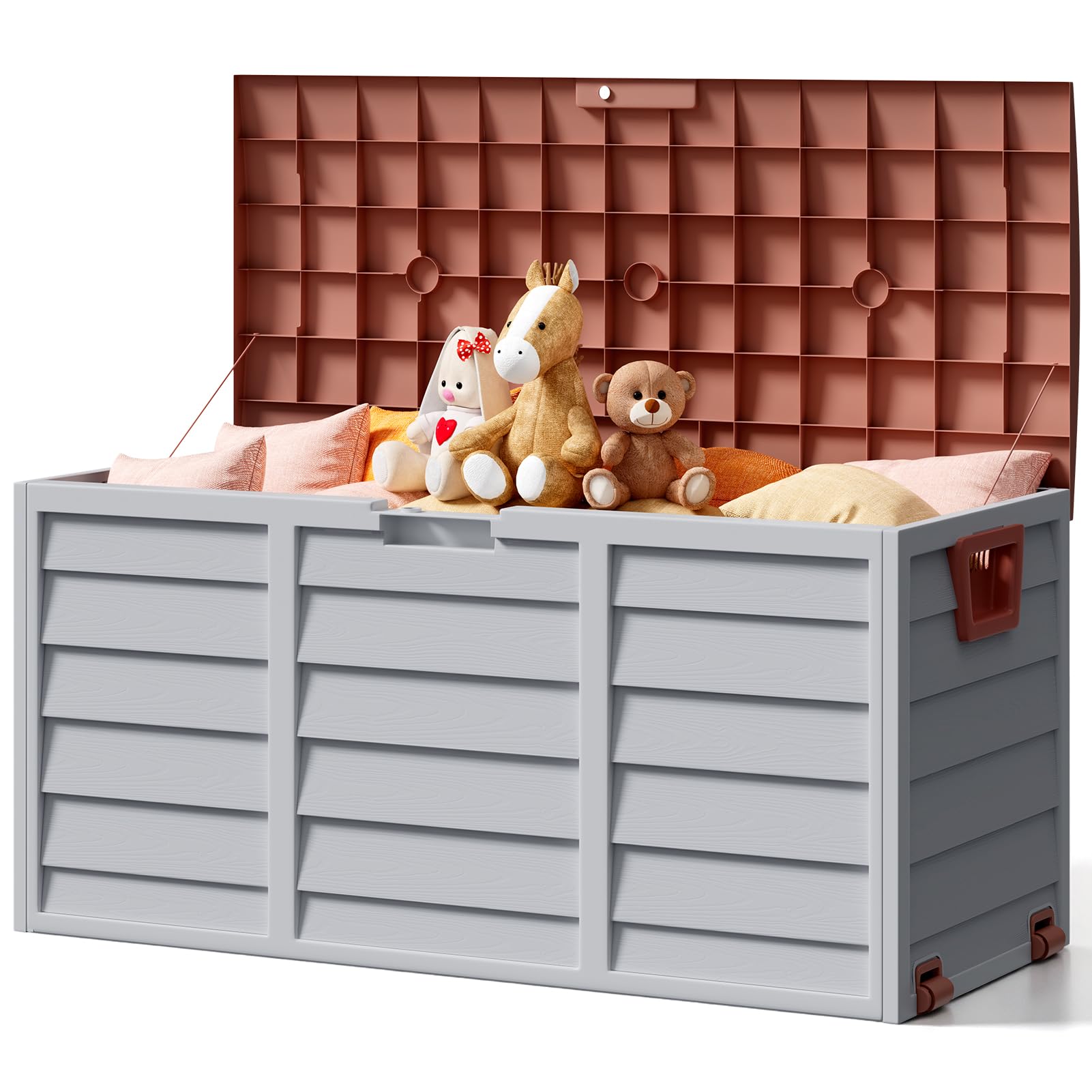 The Fellie Garden Storage Box with Wheels, 290L Lockable Garden Storage Boxes Waterproof, Plastic Outside Storage Box for Gardening Tools, Cushions, Toys, 112x49x54cm, Grey