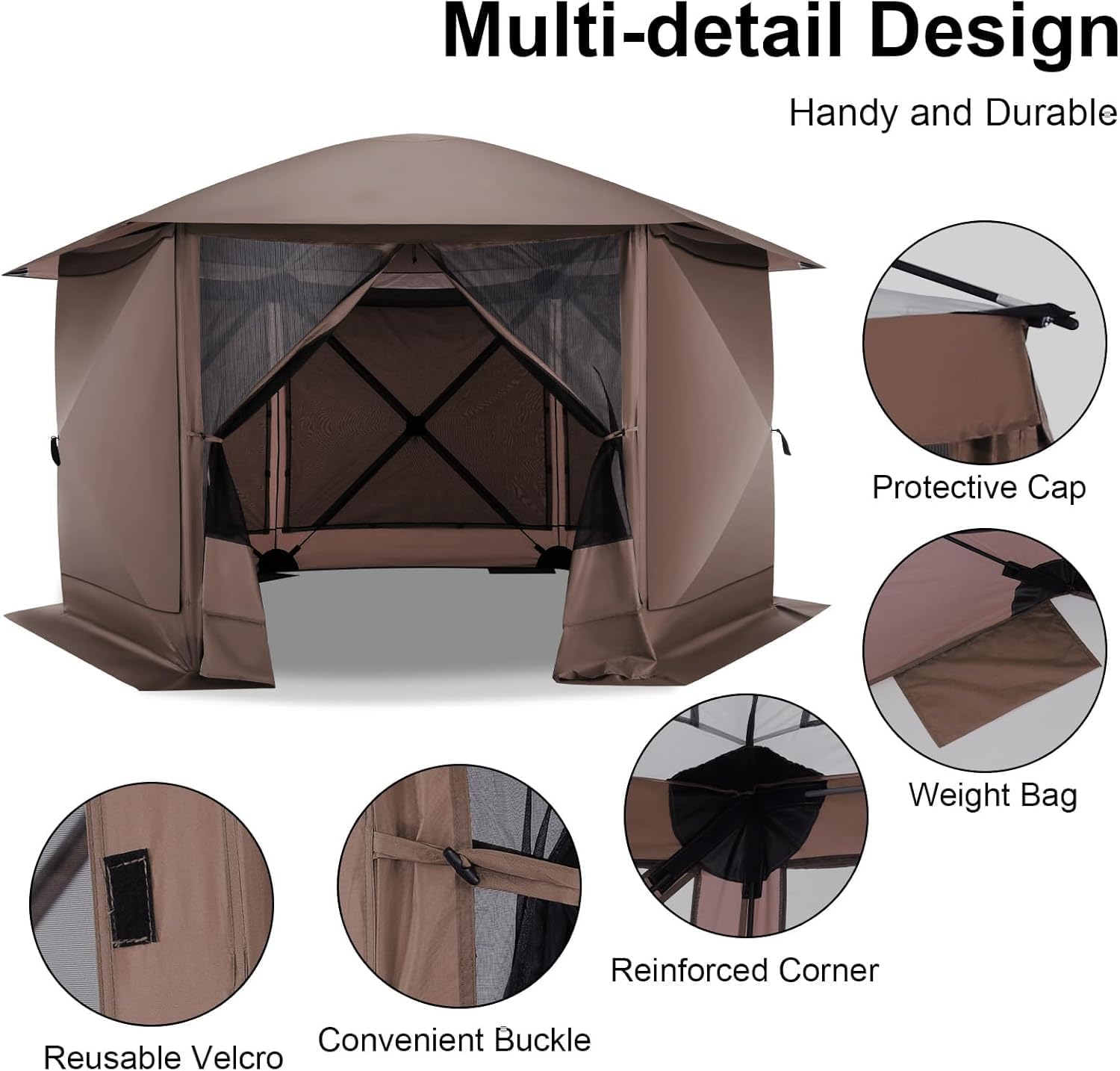 COBIZI 12x12FT Pop Up Gazebo Screen Tent Screen House for Camping, Screen Room with Mosquito Netting, Hub Tent Instant Screened Canopy with Carrying Bag and Ground Stakes, Brown