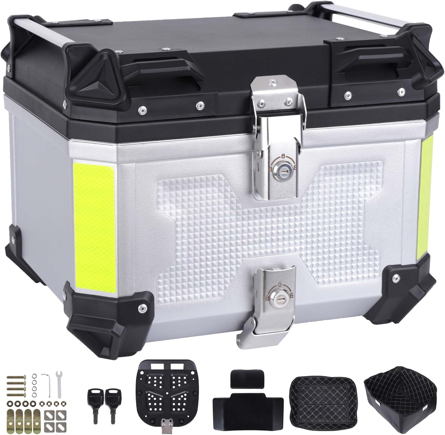 Motorcycle Top Case 45L Trunk Tail Box Bag Aluminum alloy handle With Leather Lining Anti-Theft With Double Lock And Back Cushion Waterproof Dustproof Easy Installation With Universal Bracket Silver