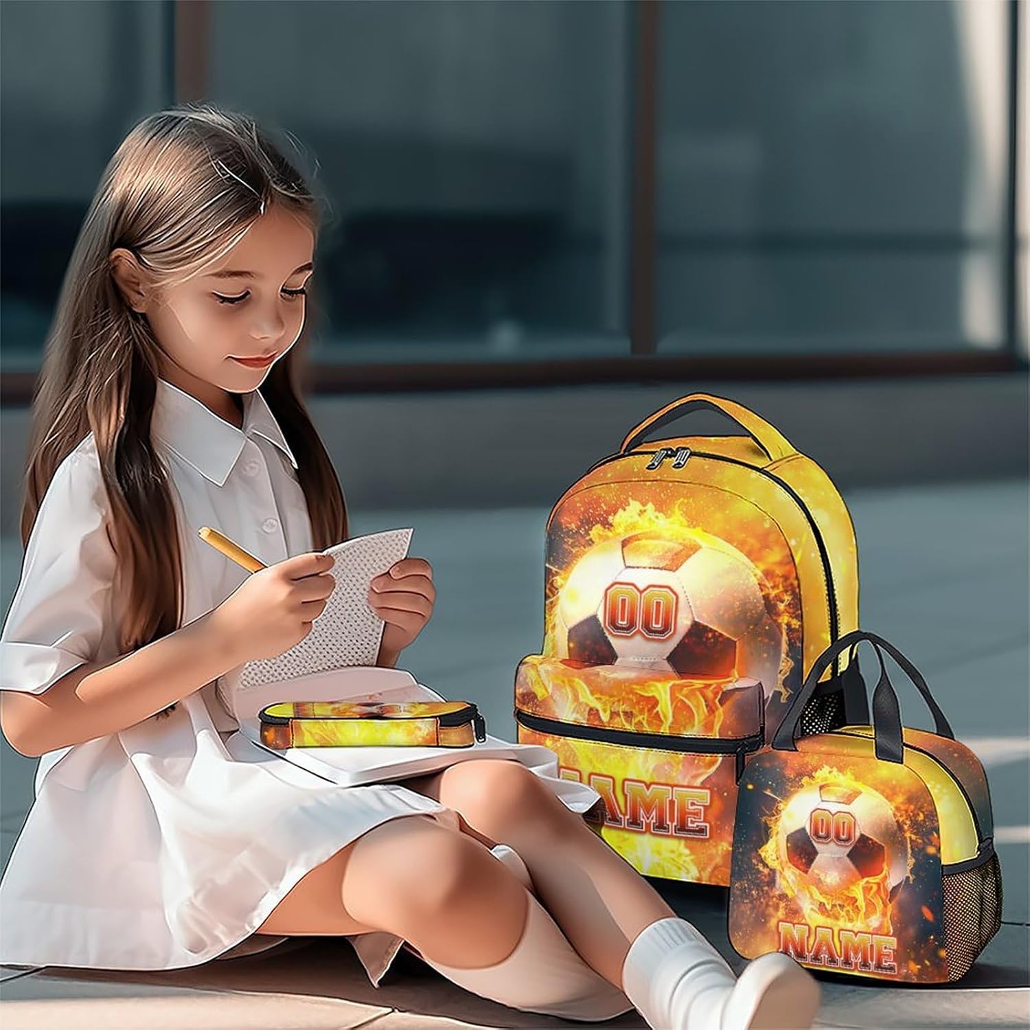 School Bag Set for Boys, Personalized Soccer Backpack for Kids Girls, Custom Book Bag with Name, 17 Inch Sport Theme Bookbag with Lunch Box and Pencil Case
