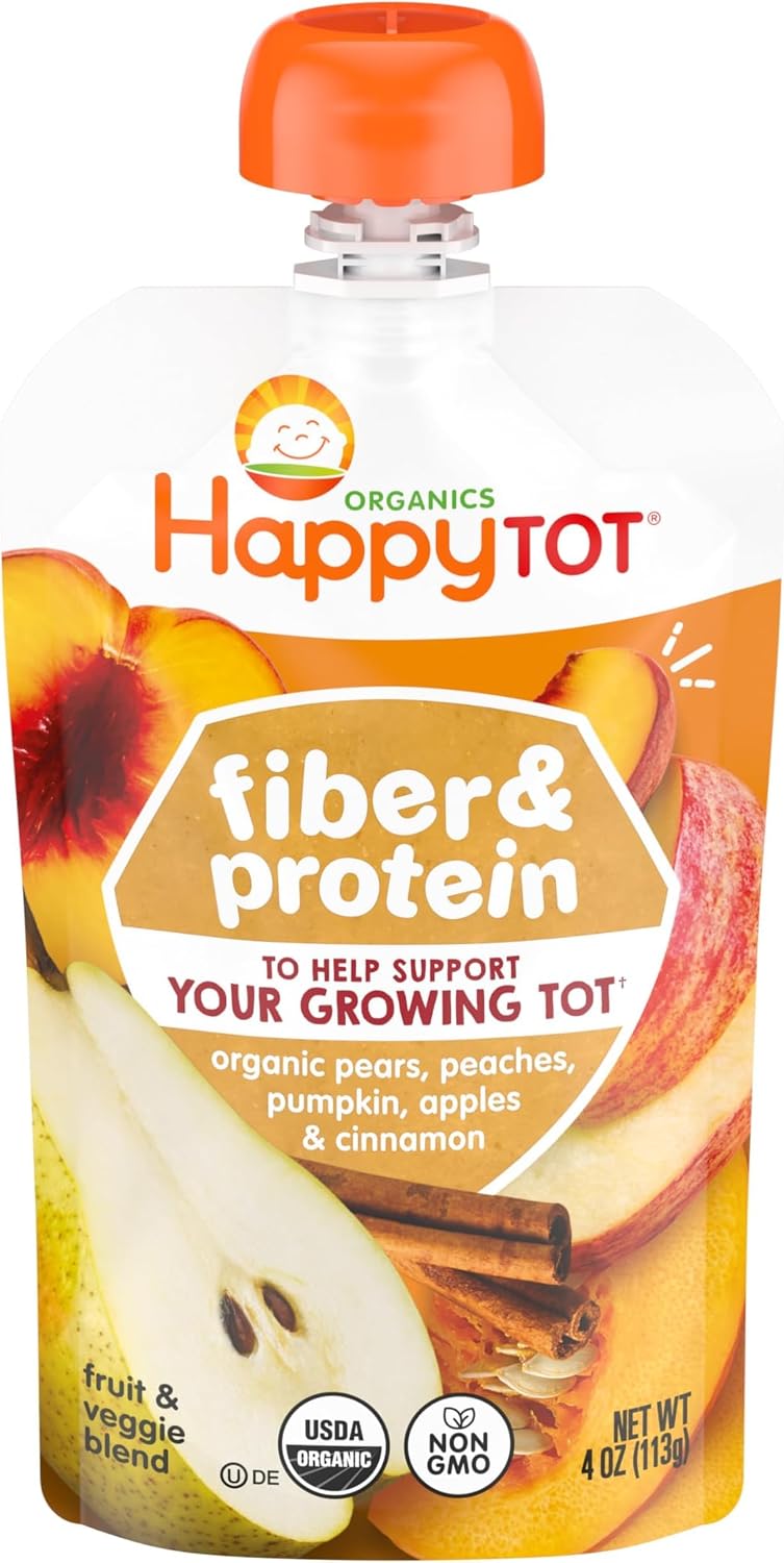 Happy Tot Organics Stage 4 Baby Food Pouches, Gluten Free, Vegan Snack, Fiber & Protein Fruit & Veggie Puree, Apples, Peaches, Pumpkin & Cinnamon, 4 Ounce (Pack of 5)