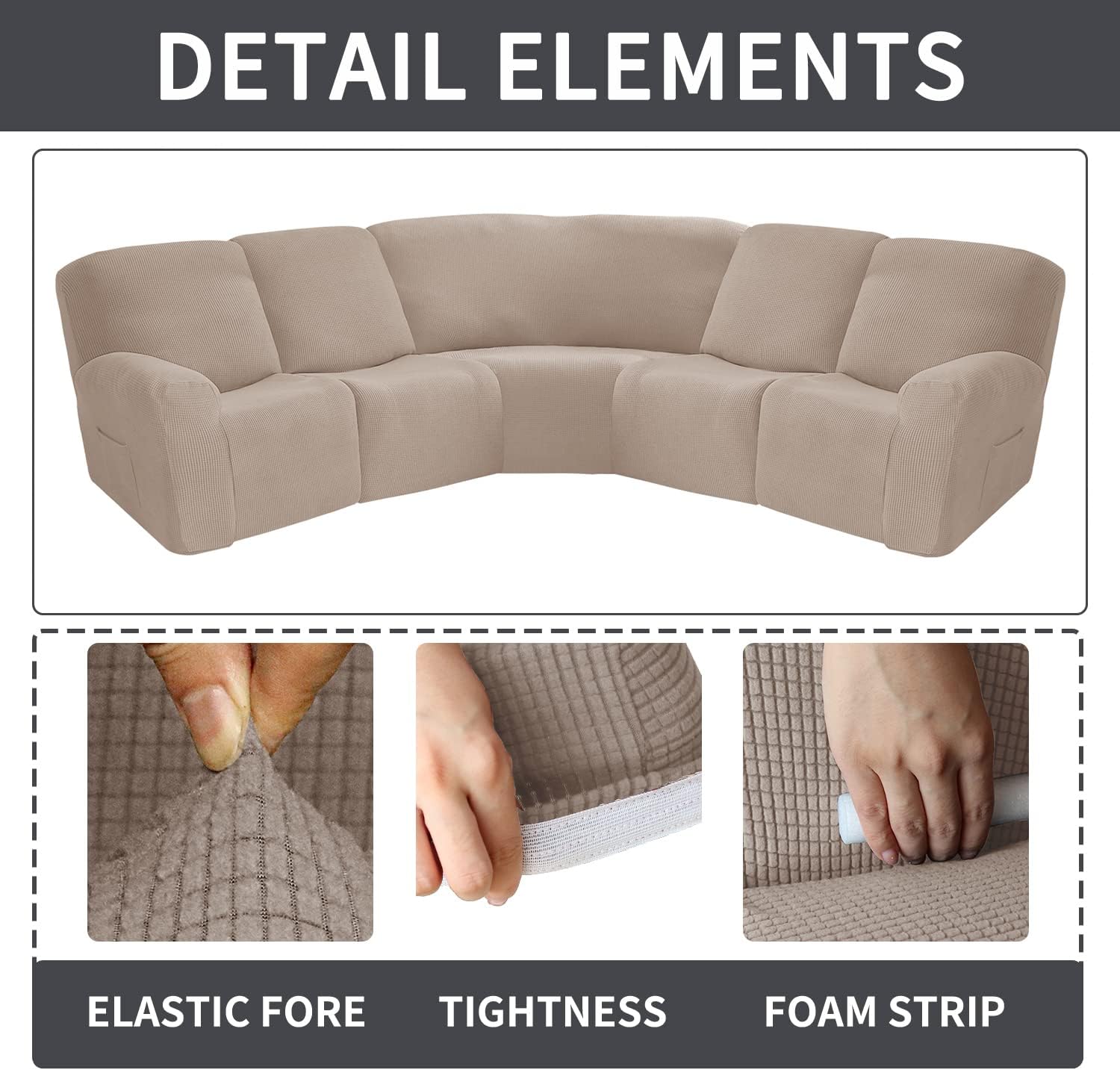 OKYUK Recliner Corner Sofa Cover, 5 Seats Jacquard Stretch Corner Sofa Covers for Reclining L Shape Sofa Slipcovers Thick, Soft, Washable Durable Furniture Protector (Jacquard - Khaki)