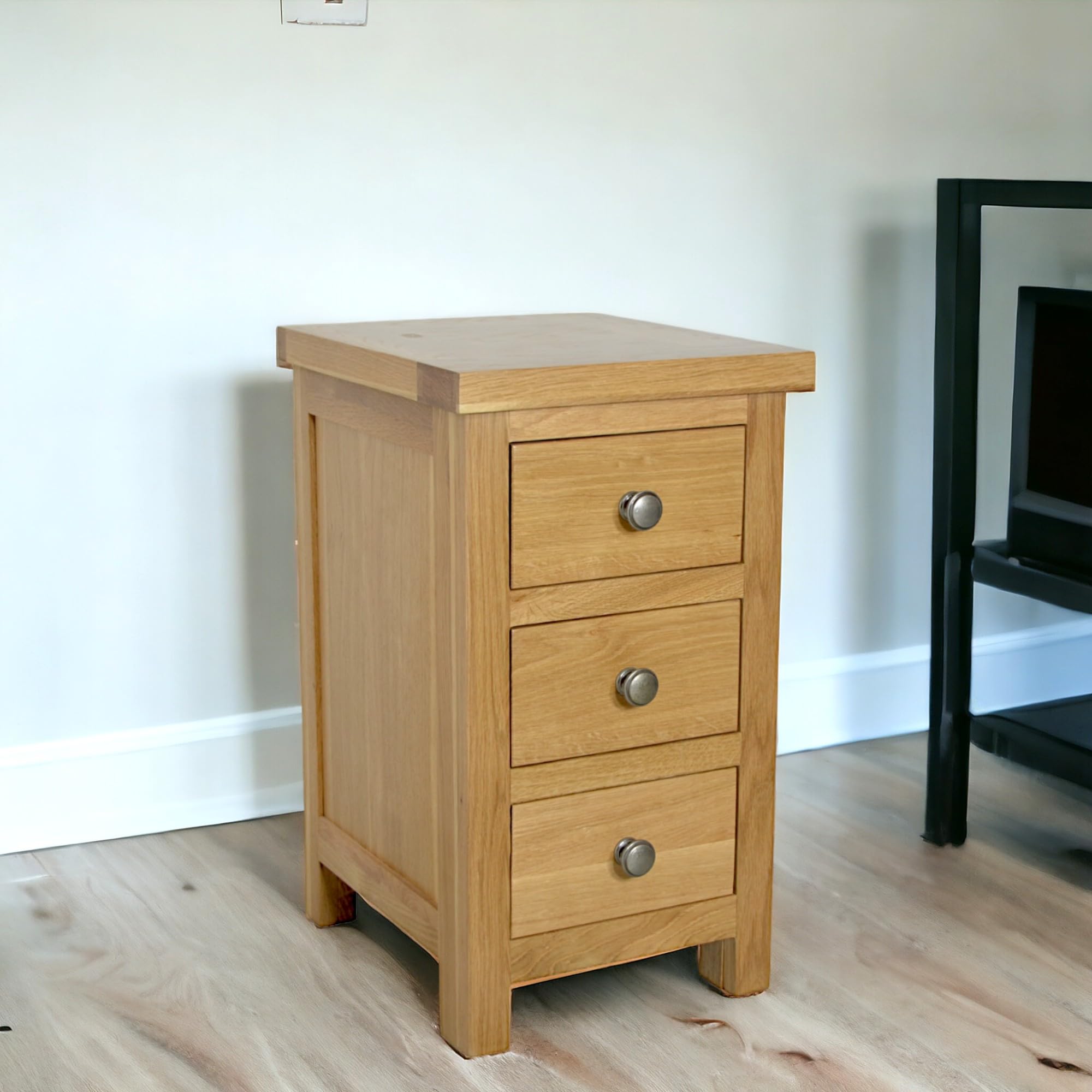 GROF GROFurniture Oak Bedside Table - Slim 3 Drawer Wooden Nightstands, Fully Assembled ready to use for Bedroom, Living room and study room