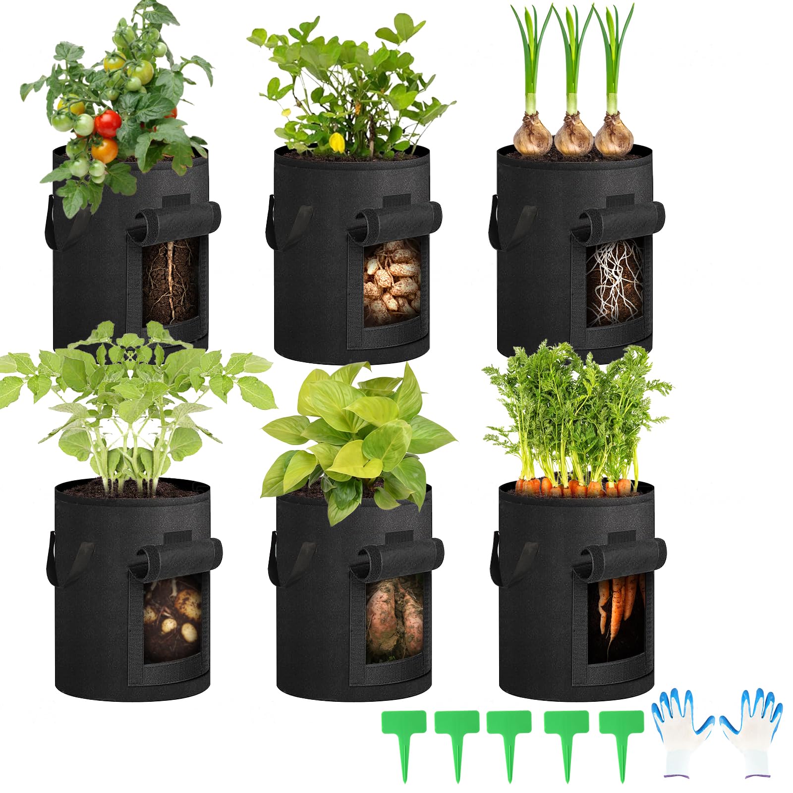Gelewuld Potato Growing Bags with Windows, 5 Pack 12 Gallon Non-woven Fabric Vegetable Grow Bags for Vegetables, Fruits, Plant