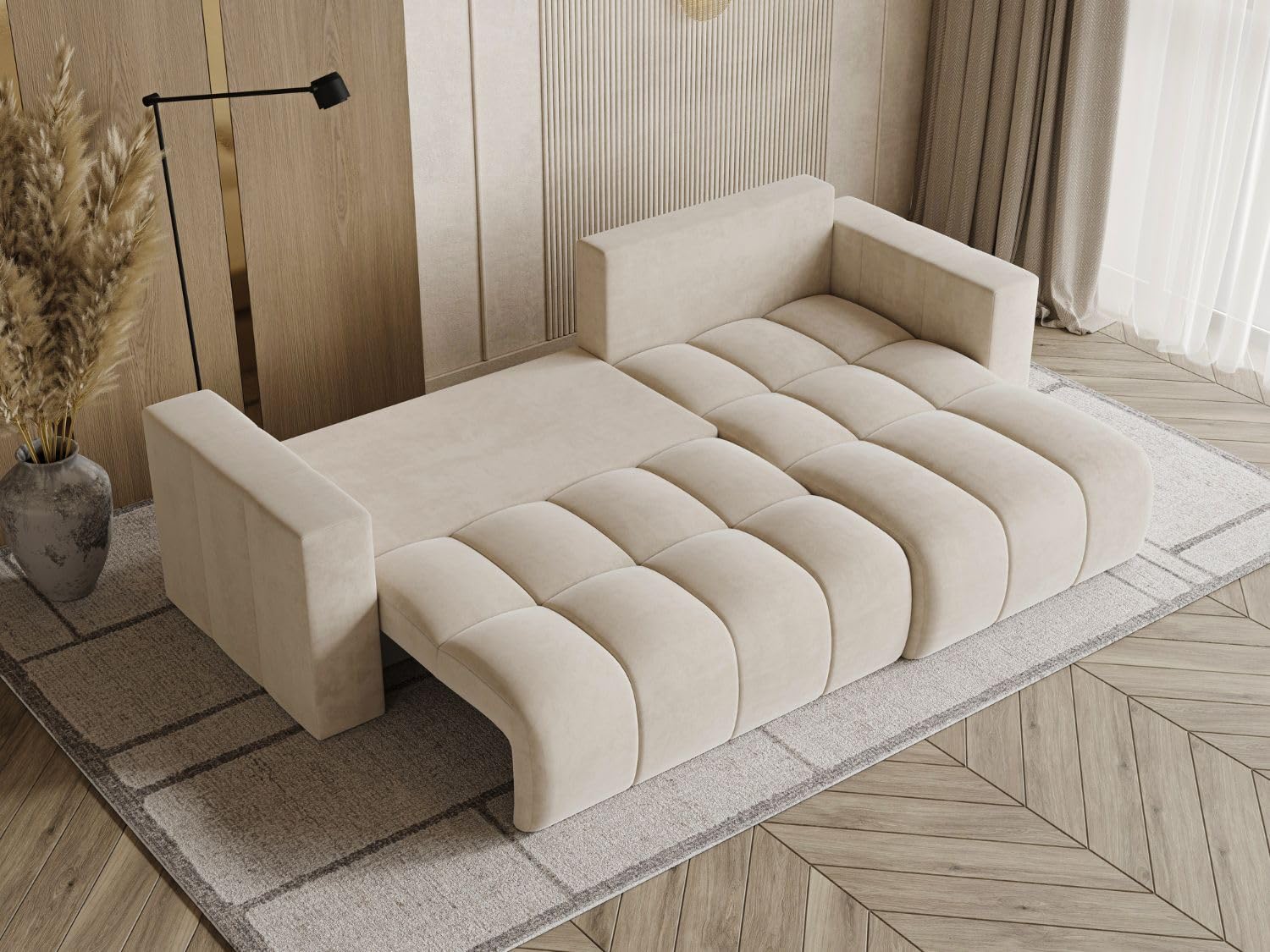 GRAINGOLD Neva L Ecksofa modern mit Bettfunktion, 280x170 cm, L-Form Sofa, Schlafcouch für Wohnzimmer, Velvet-Stoff, 3-Sitzer Eckcouch, Ecksofa mit Bettkasten (Beige)