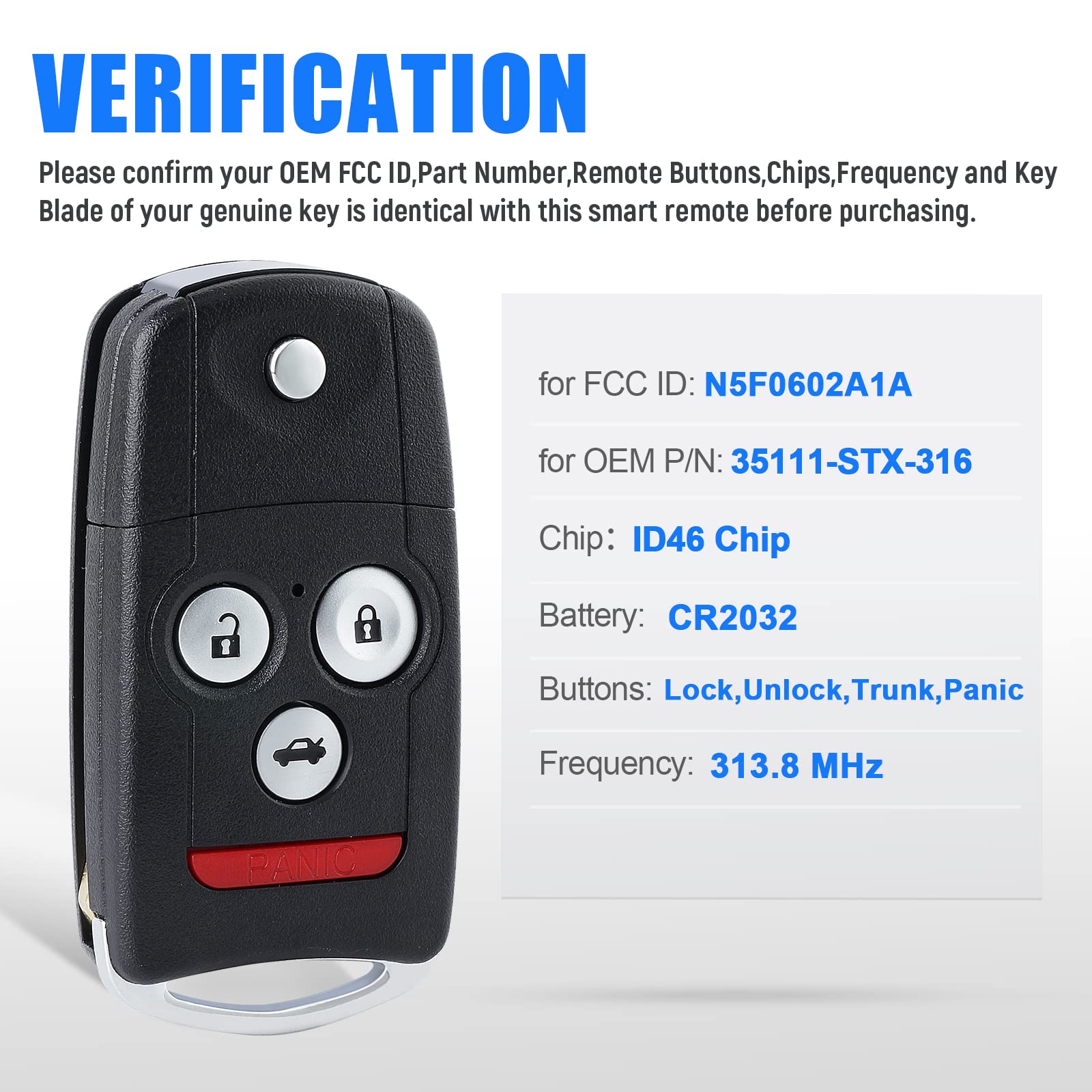 Keymall Telecomando di ricambio per chiavi auto per Acura MDX/RDX 2007 2008 2009 2010 2011 2012 2013 FCC ID:N5F0602A1A P/N:35111-STX-316 4 pulsanti..